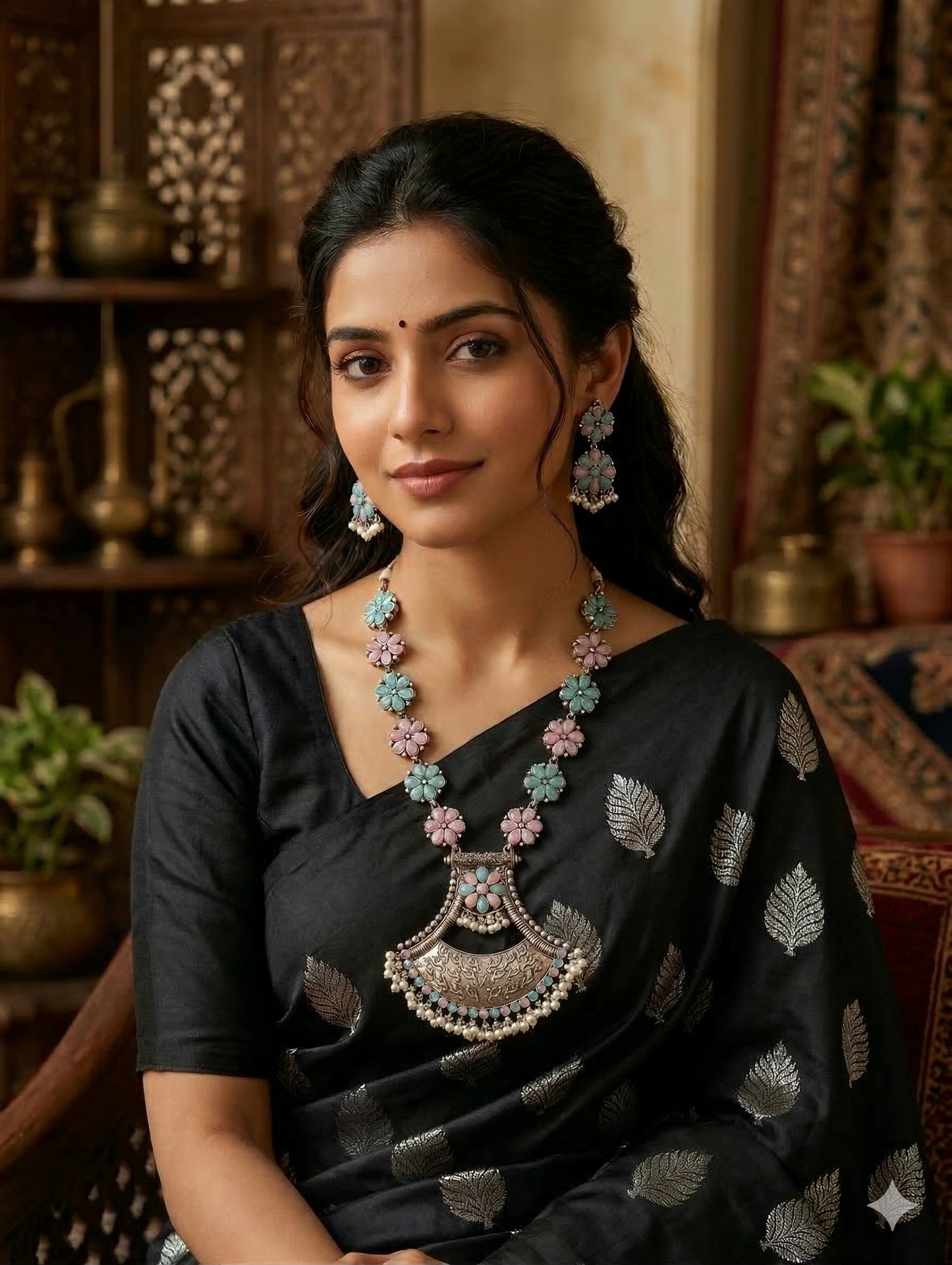Oxidized Silver Arc design necklace and earrings set - Simpliful
