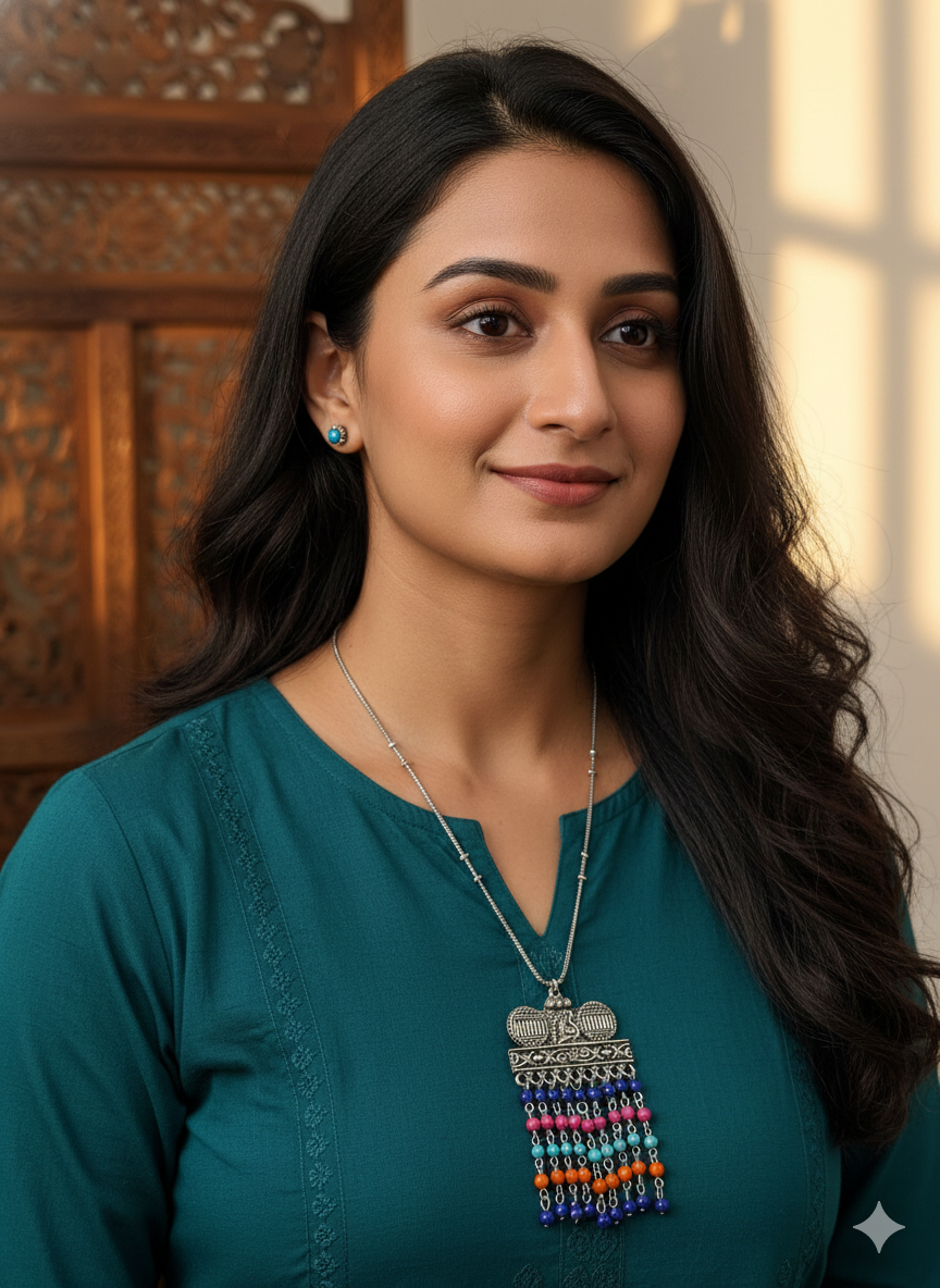 Oxidized Silver multi color bead dangle Pendant Necklace