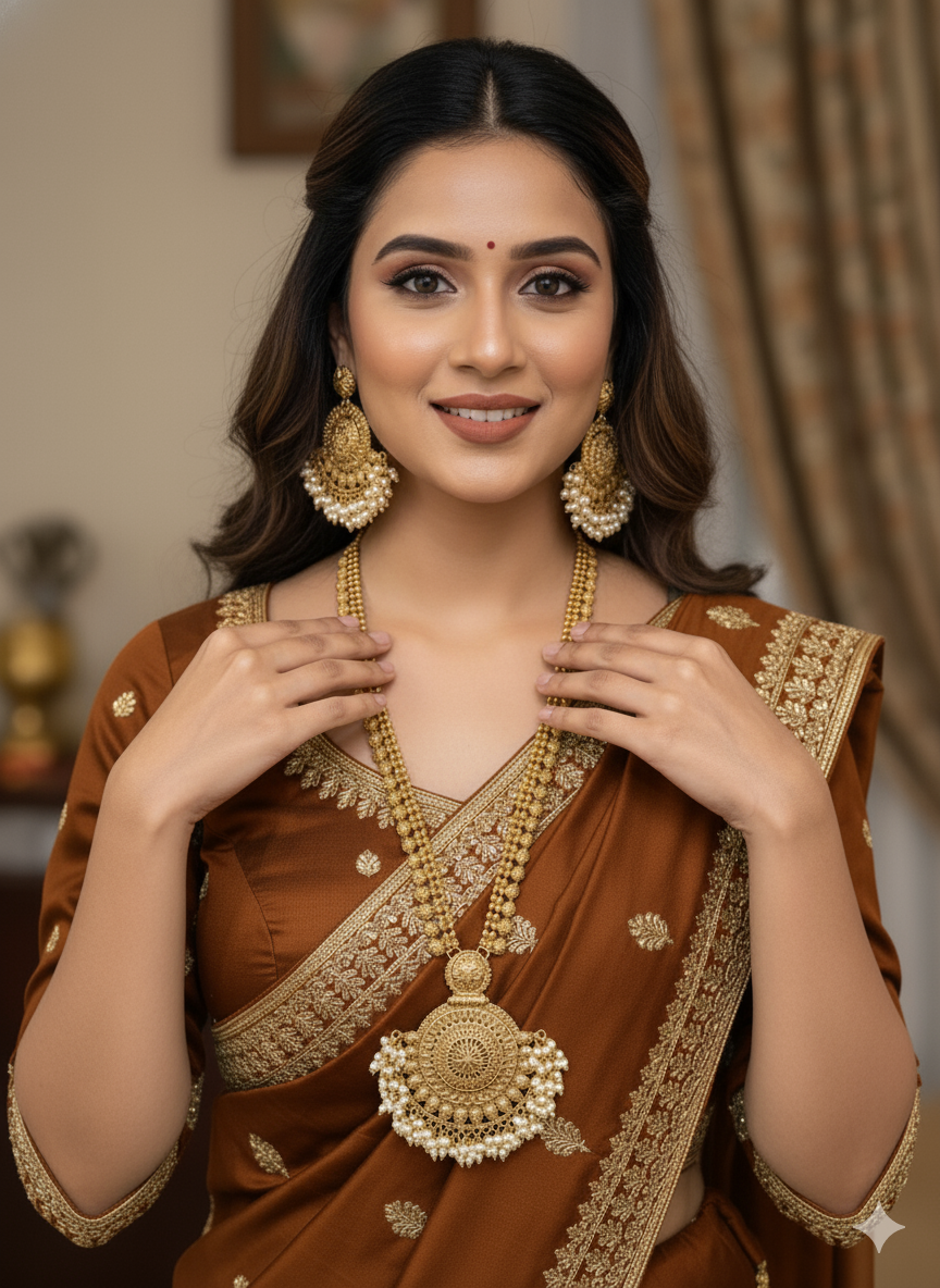 Chandbali Pendant Pearl cluster Long Haram Gold plated Necklace set