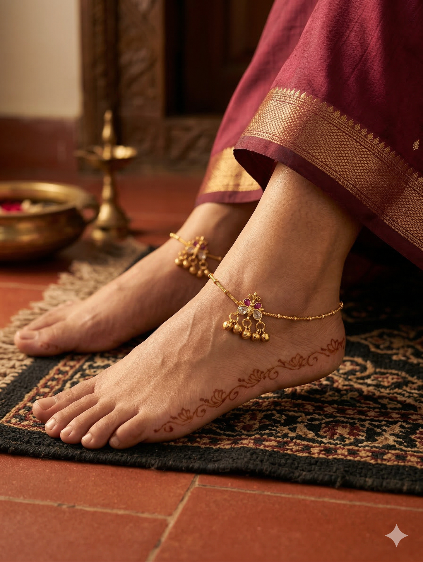 Jadau Kundan Ghunghru bead dangle Gold plated Anklets - Simpliful