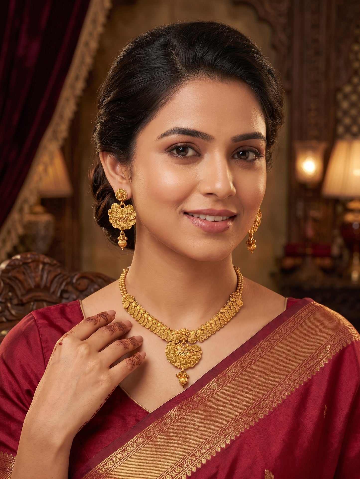 Real gold look alike Choker Necklace and Earrings set - Design 3 - Simpliful