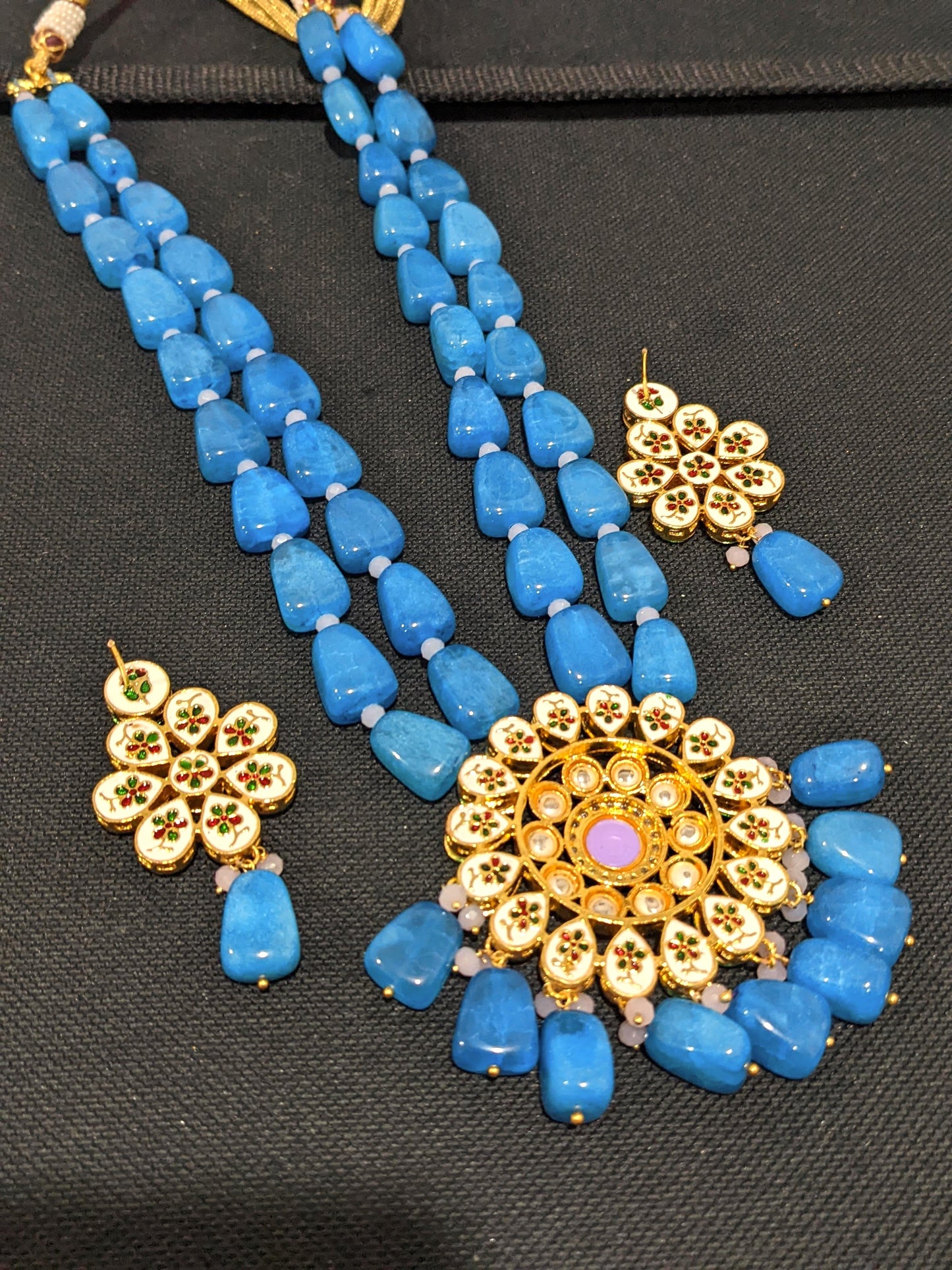 Sky Blue bold bead Long Necklace Kundan Pendant and Earrings set