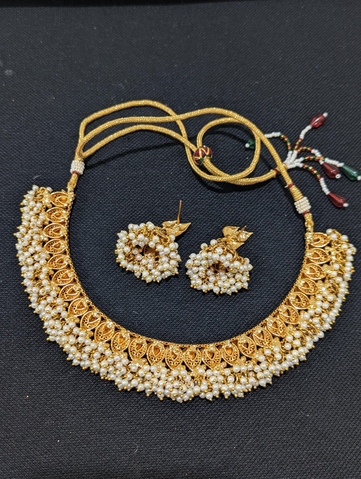 Pearl cluster bead dangle Choker Necklace and Earrings set - Design 4