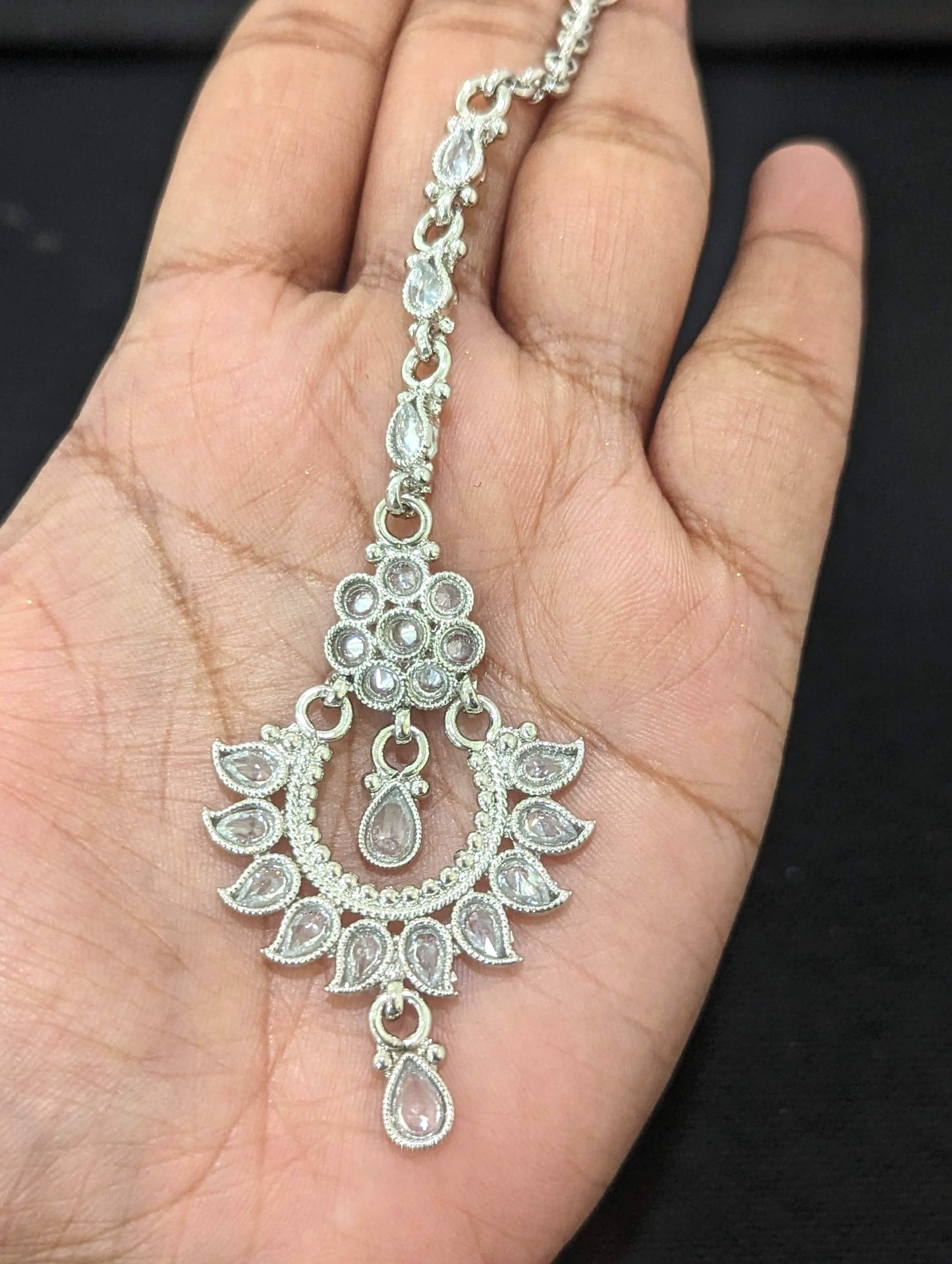 Rhodium silver plated Polki Maang Tikka