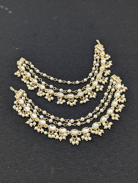 Pearl bead dangle triple layered Kundan ear chain / Maatal