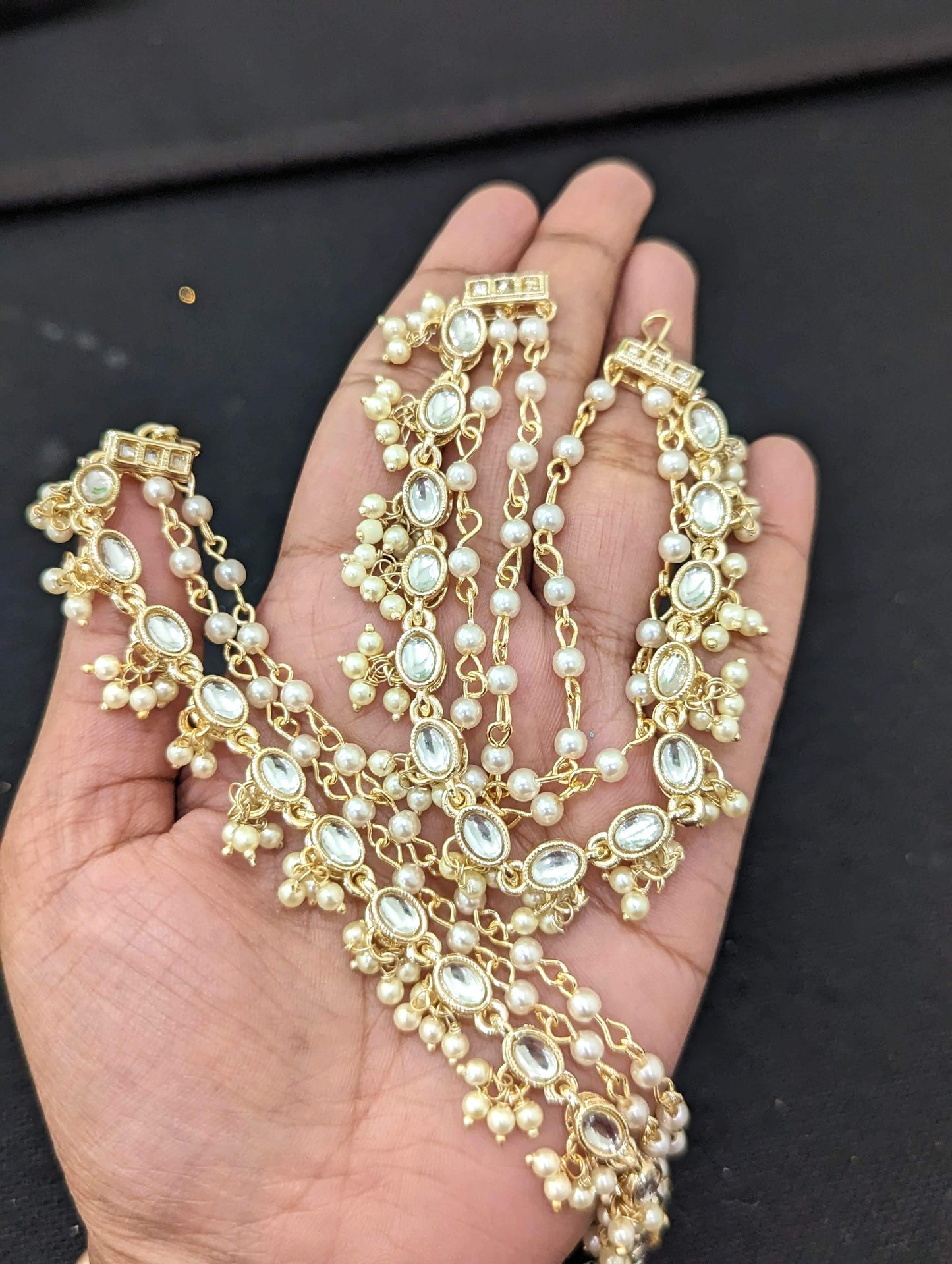 Pearl bead dangle triple layered Kundan ear chain / Maatal