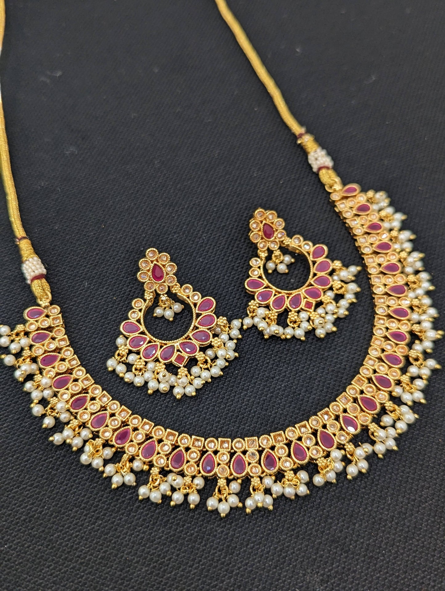 Pearl cluster dangle Polki Choker Necklace and Earrings set