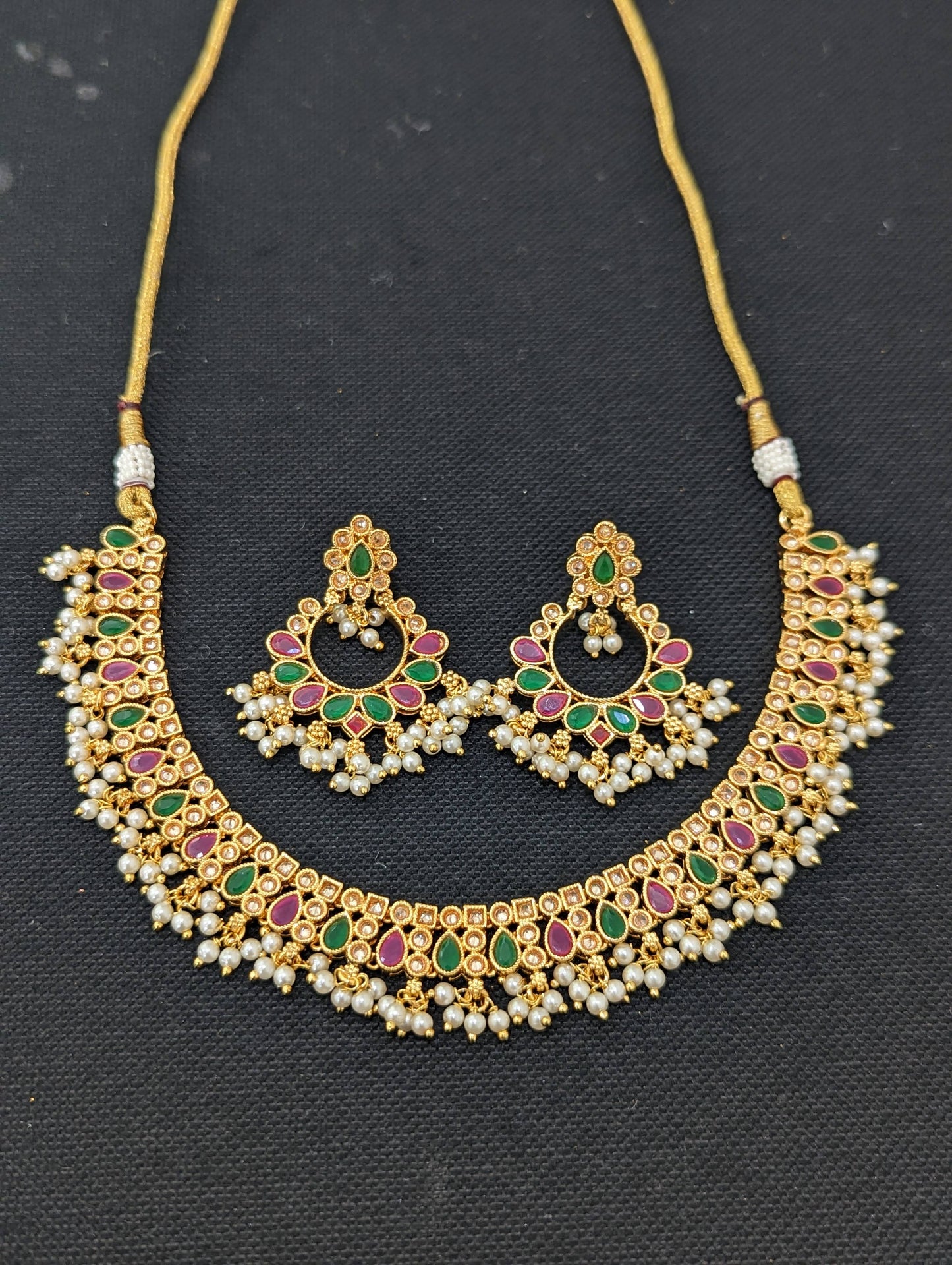 Pearl cluster dangle Polki Choker Necklace and Earrings set
