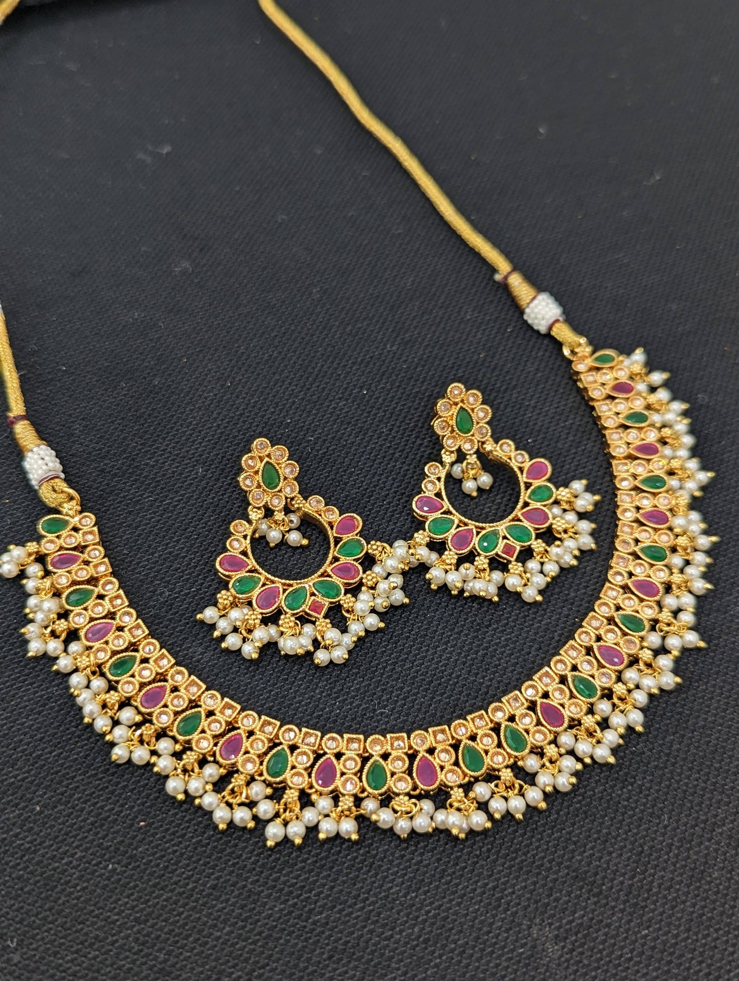 Pearl cluster dangle Polki Choker Necklace and Earrings set