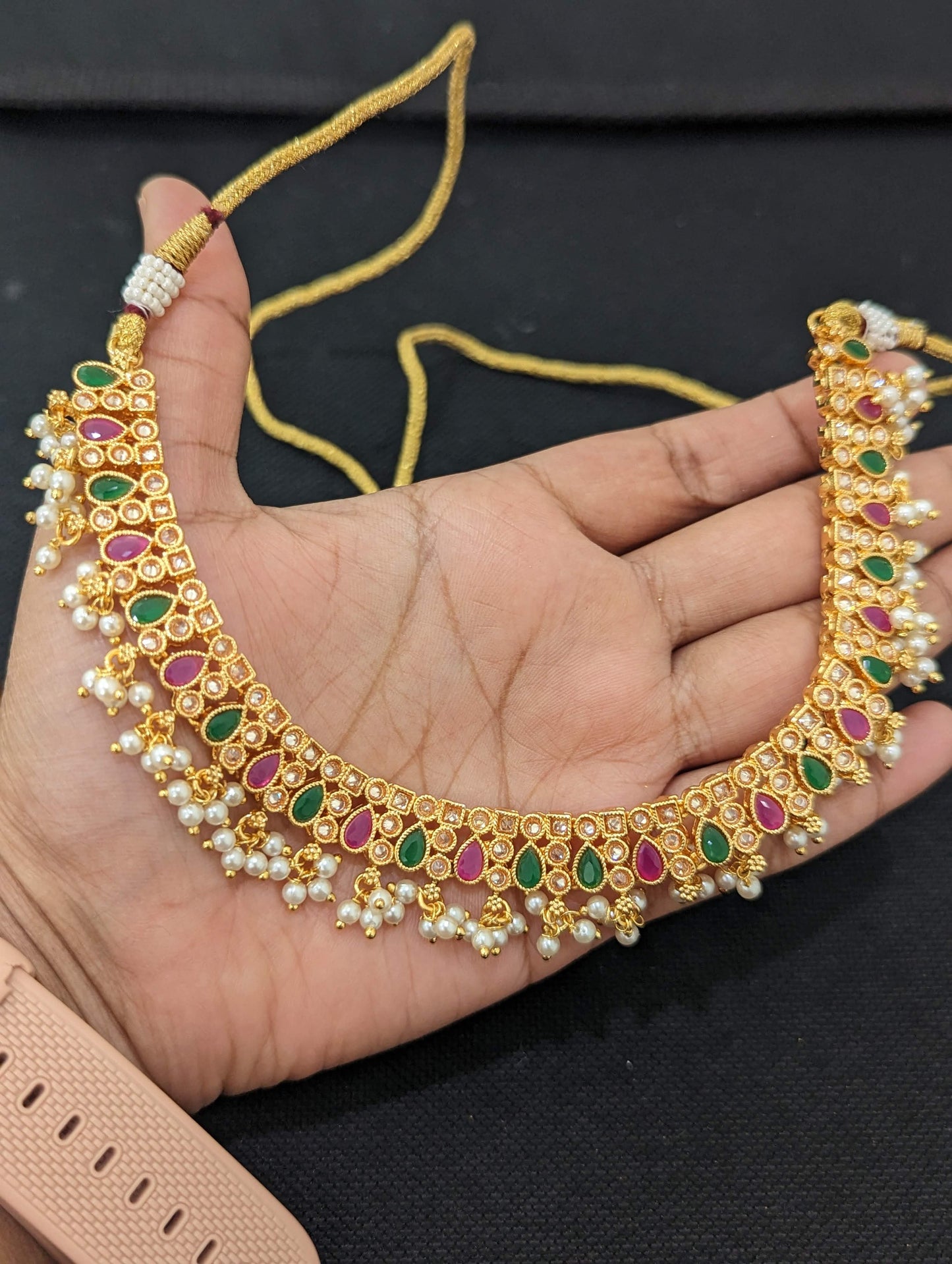 Pearl cluster dangle Polki Choker Necklace and Earrings set
