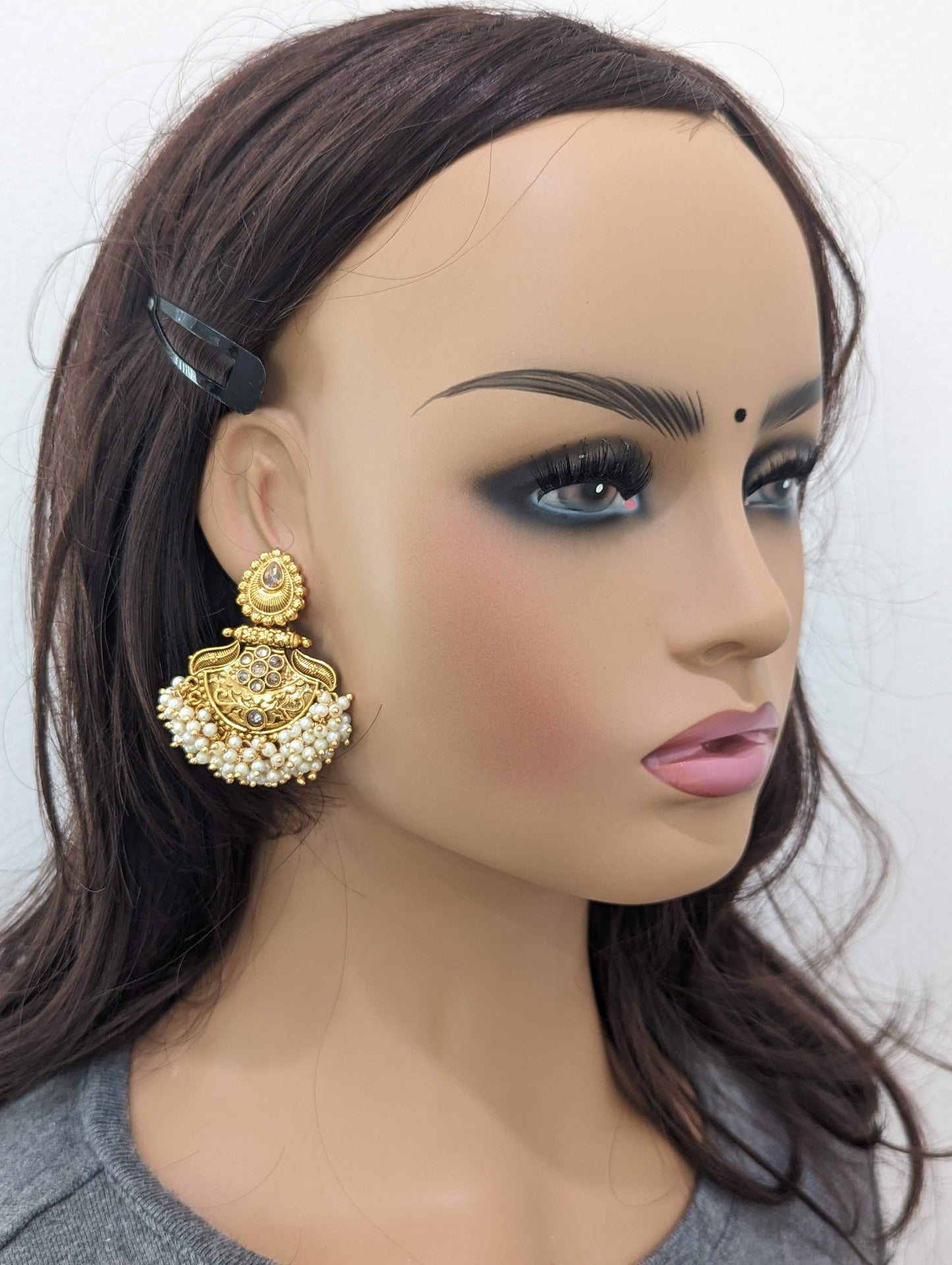 Shiny polki stone Gold plated Chandbali Earrings