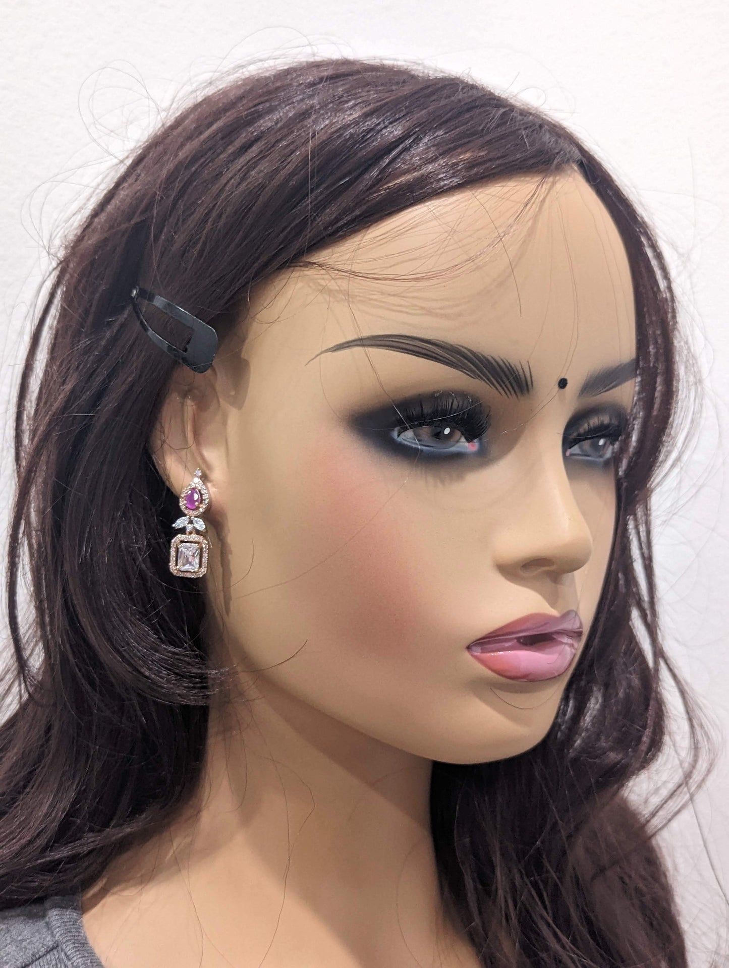 Rose gold plated Teardrop Rectangle design CZ Earrings