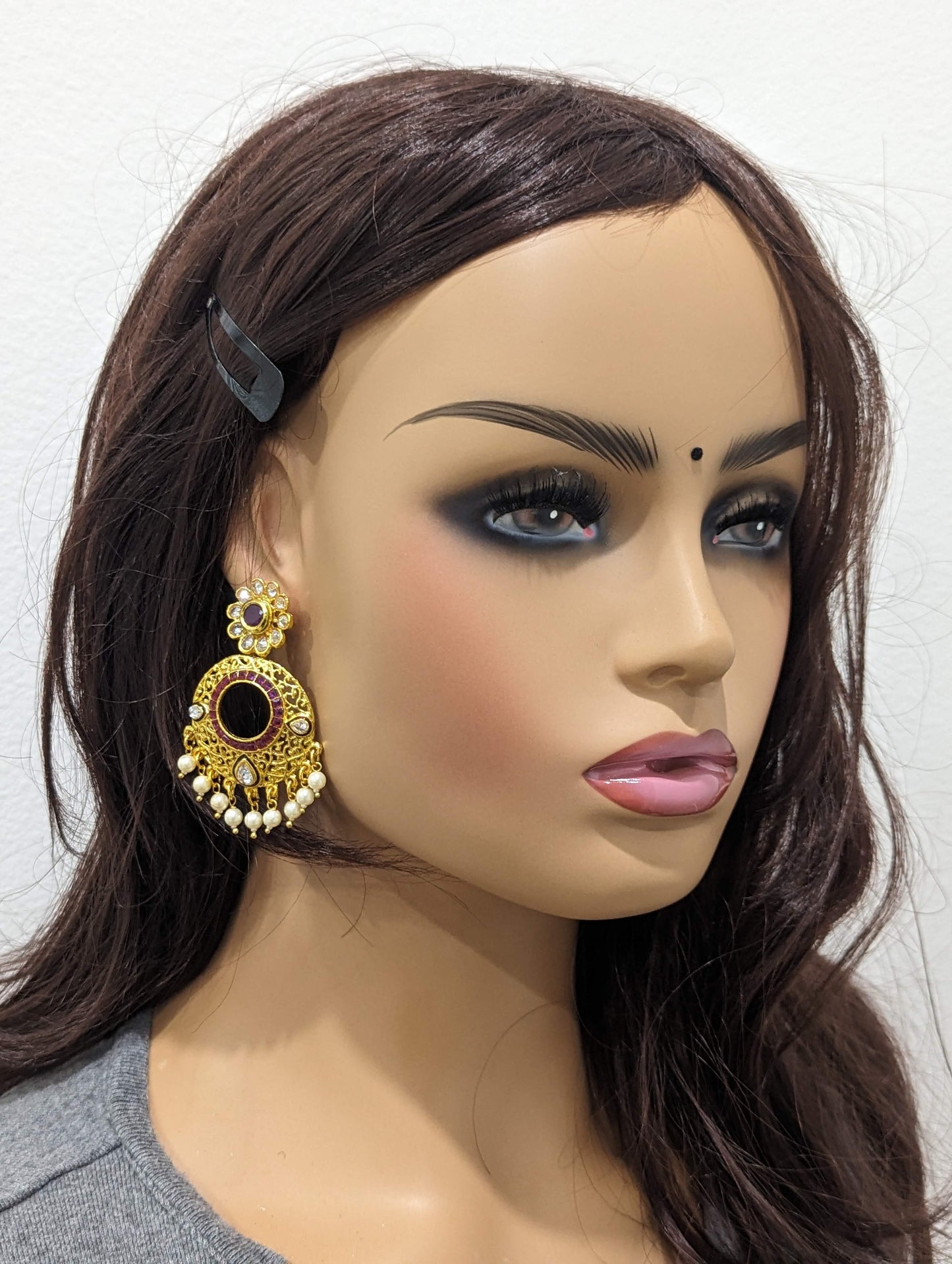 Purple Polki Chandbali Earrings