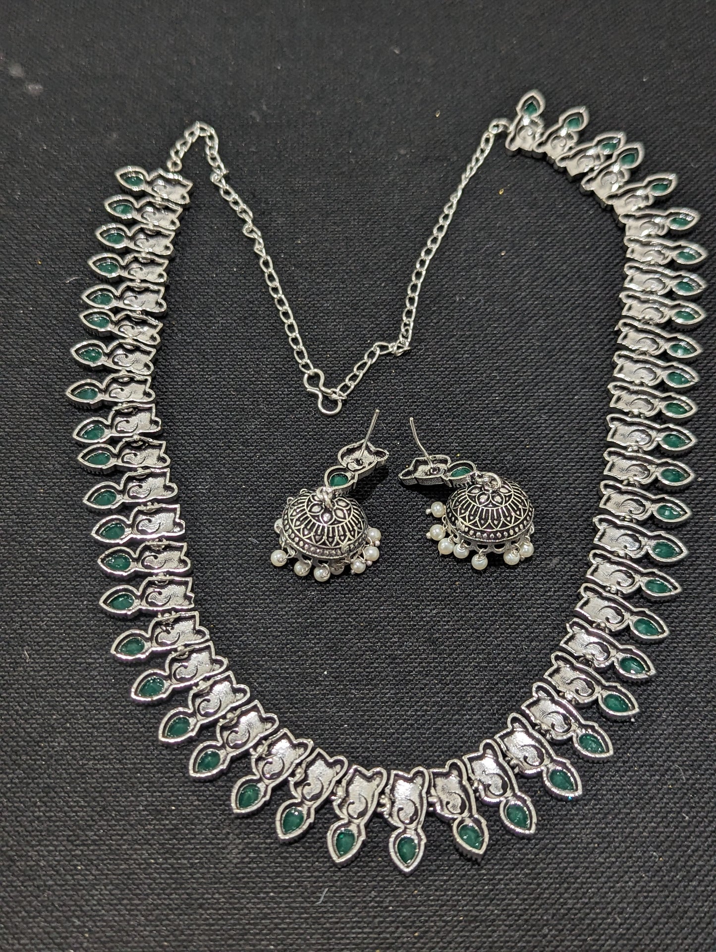 Oxidized Silver Teardrop Polki Mid length necklace set