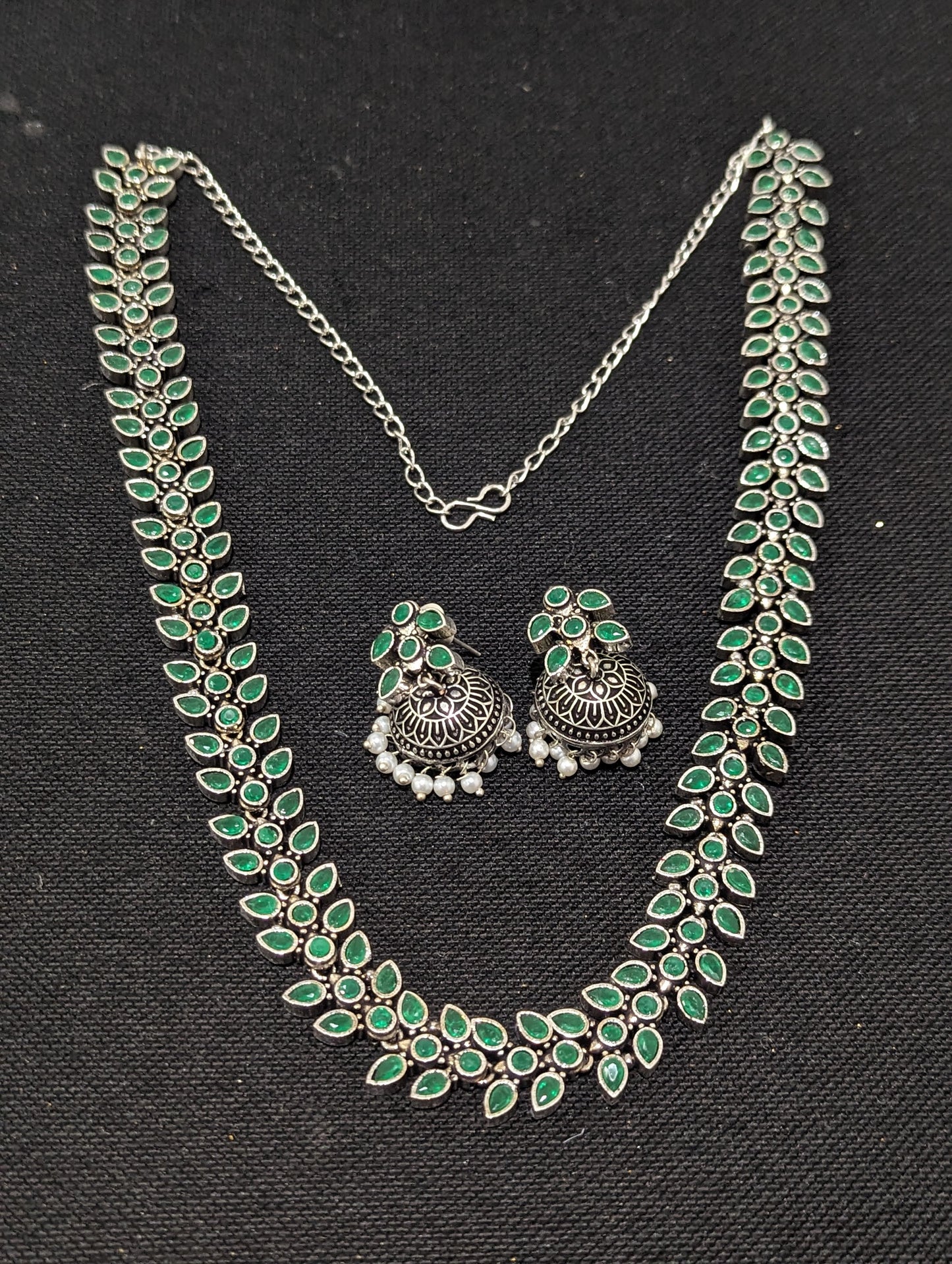 Oxidized Silver Leaf Polki stone Long necklace and jhumka set