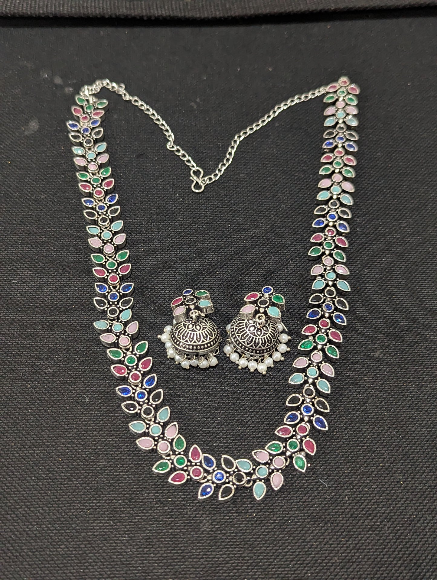 Oxidized Silver Leaf Polki stone Long necklace and jhumka set