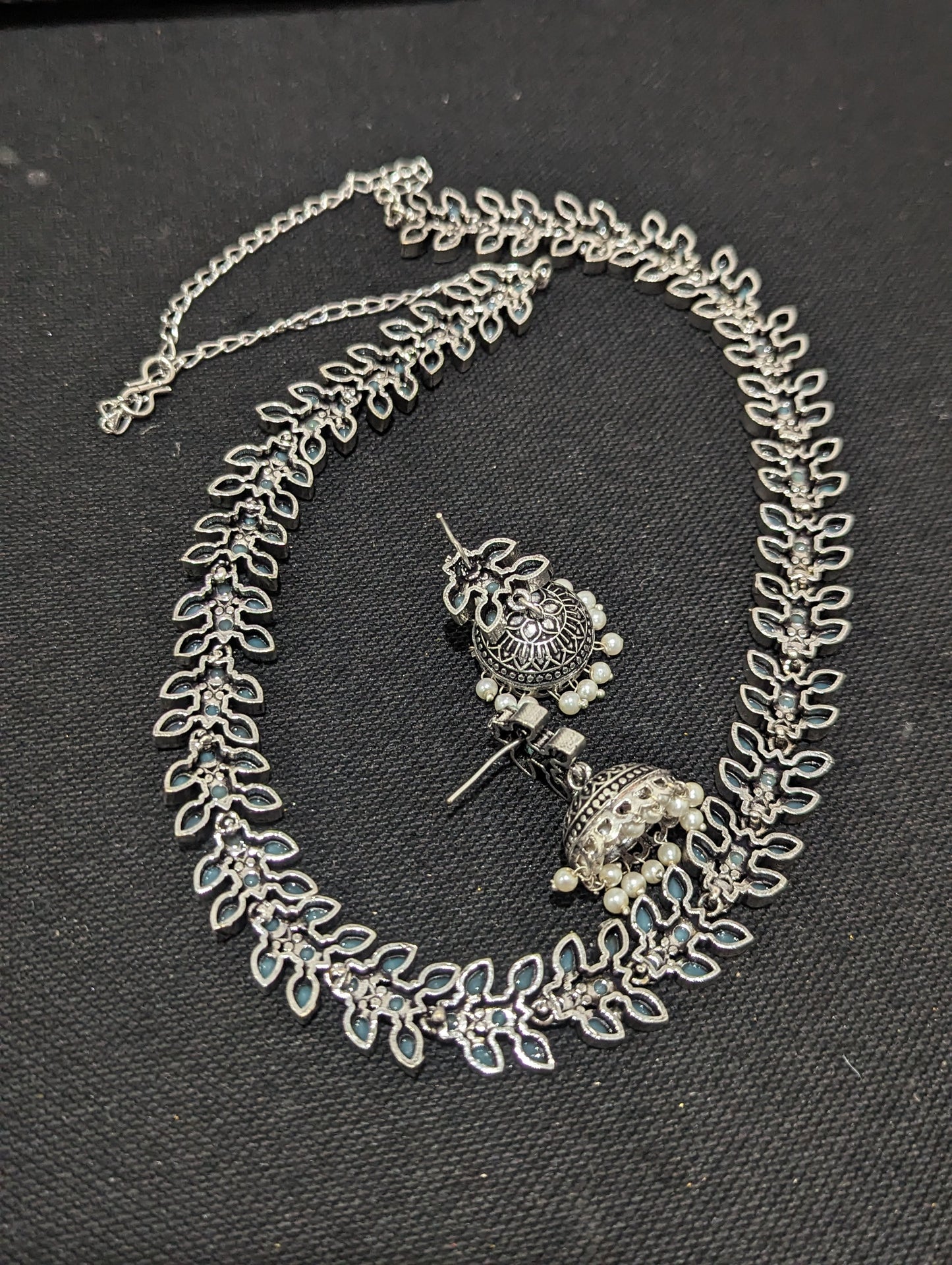 Oxidized Silver Leaf Polki stone Long necklace and jhumka set