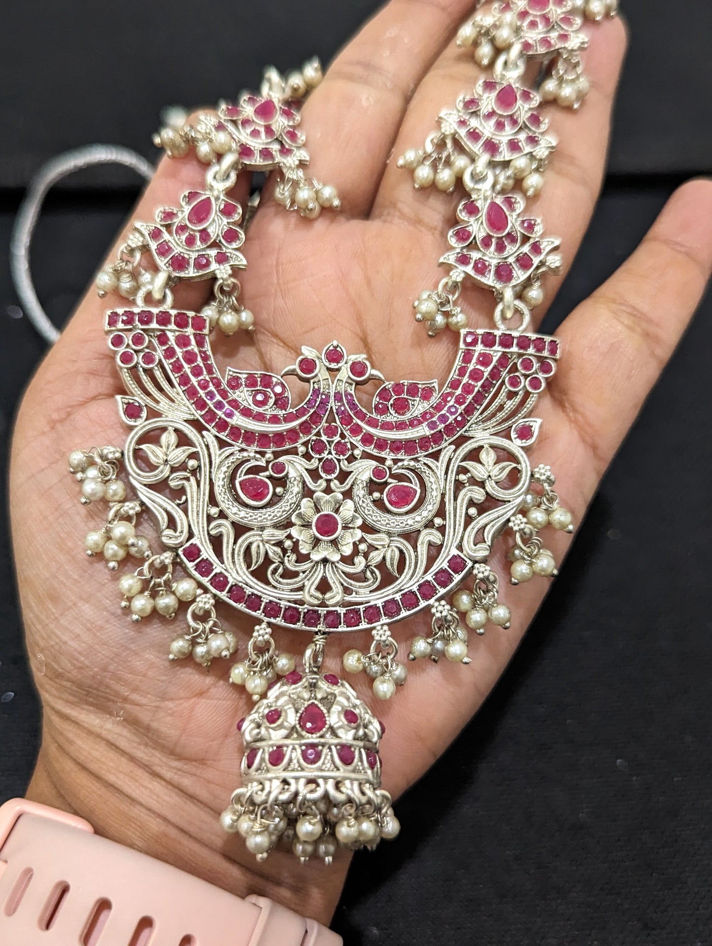 Guttapusalu Silver plated Polki Long necklace and earrings set