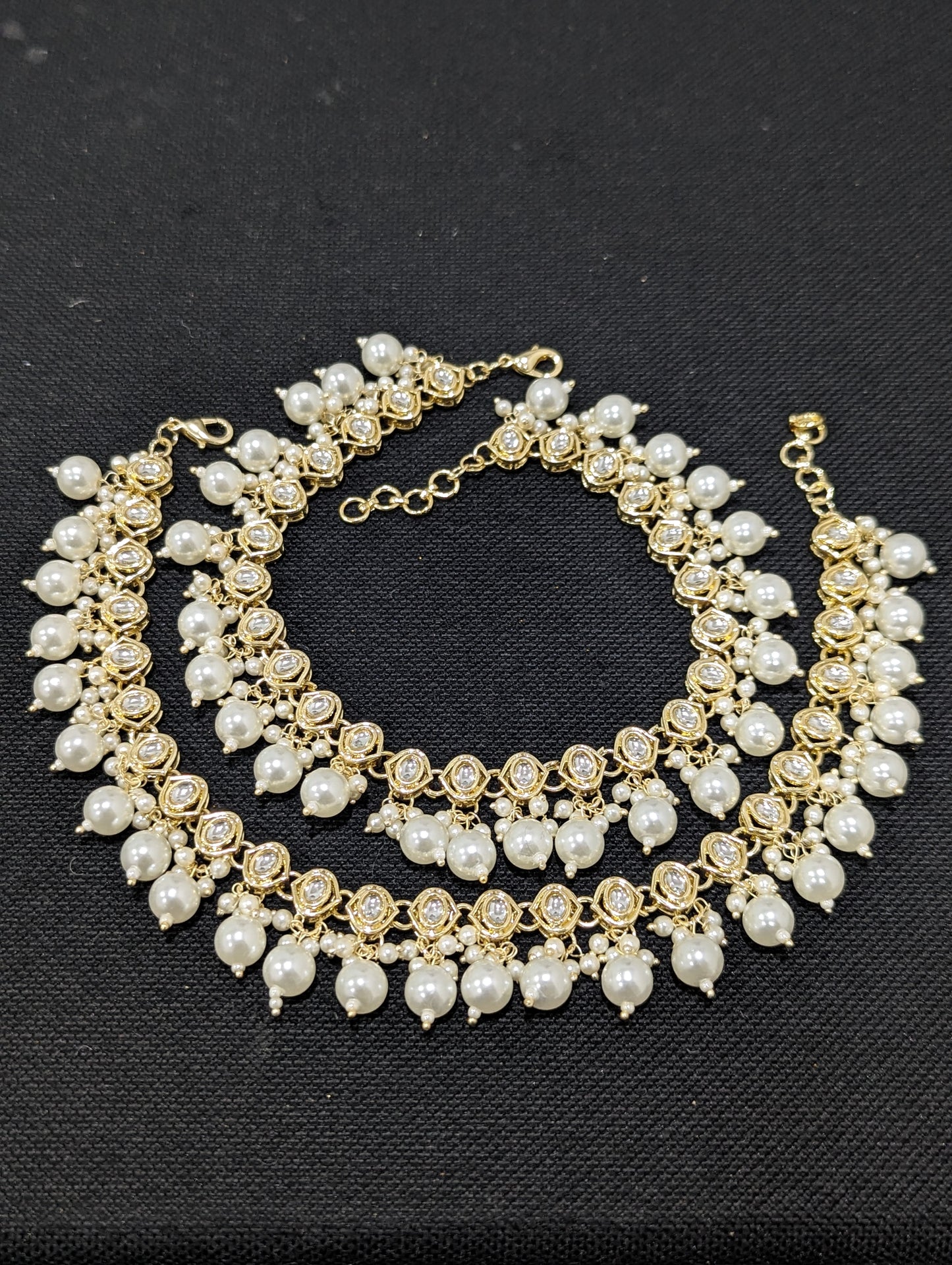 Glass Kundan White Pearl Anklets