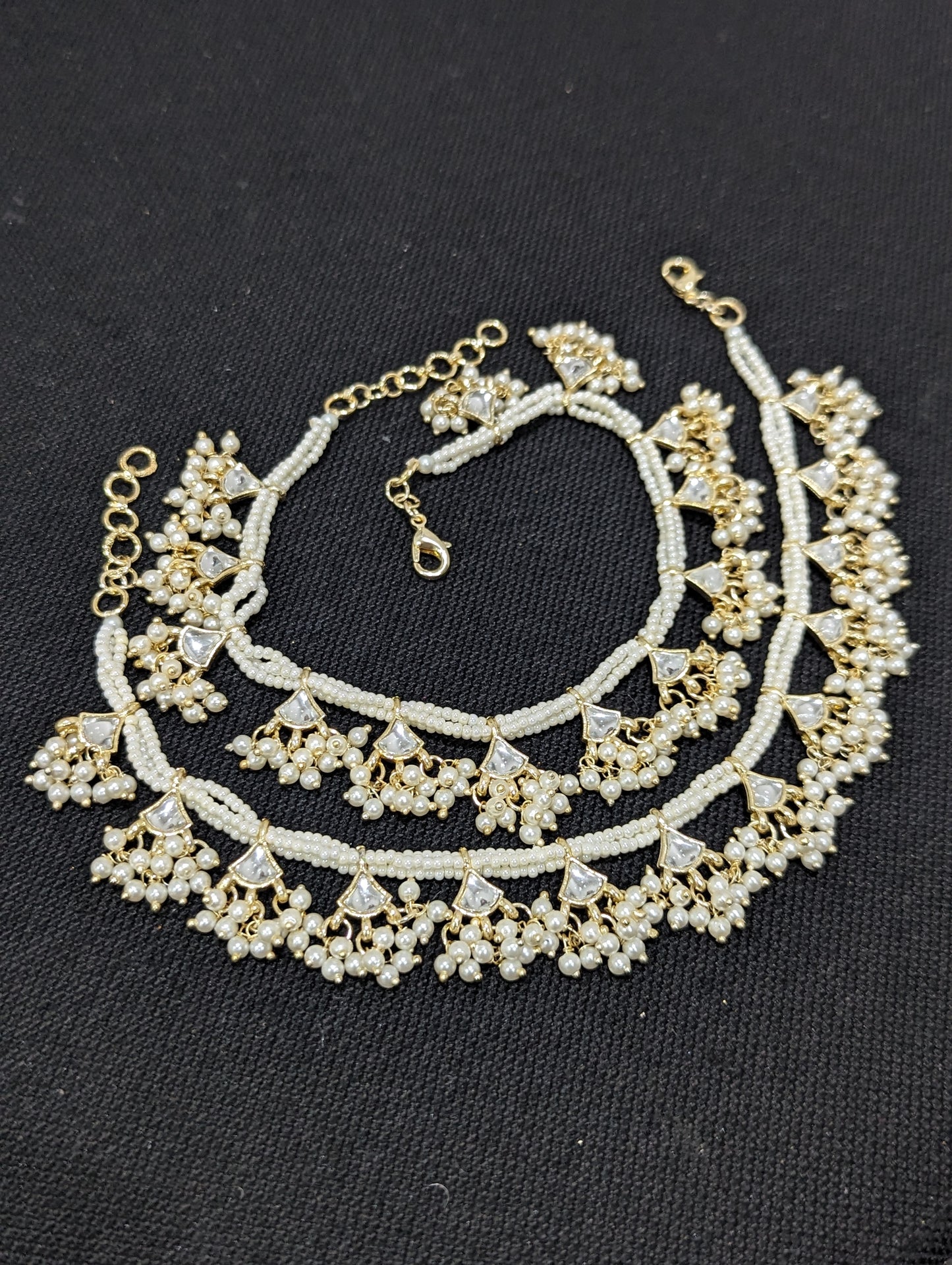 Glass Kundan White Pearl Seed bead Anklets