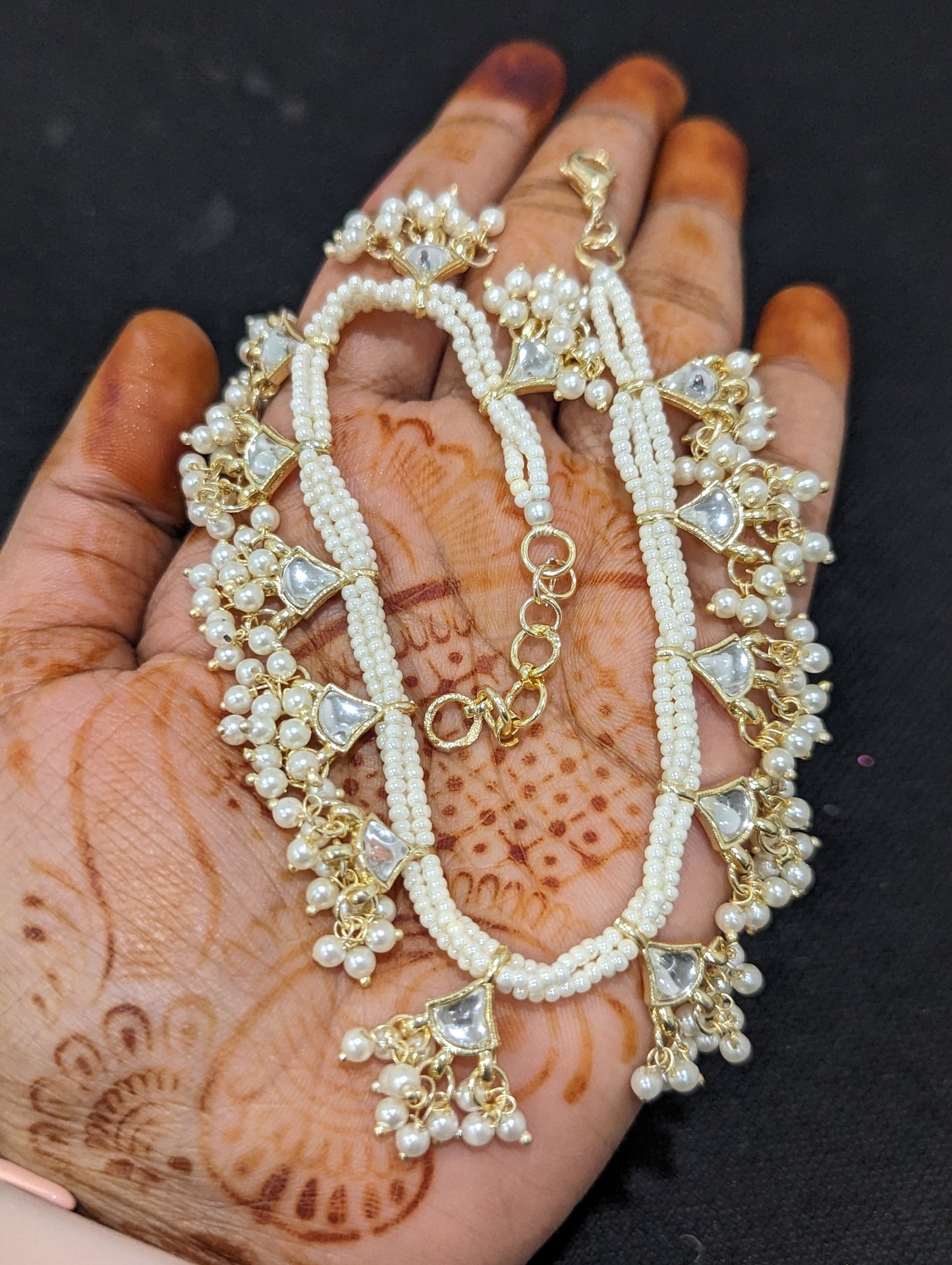 Glass Kundan White Pearl Seed bead Anklets