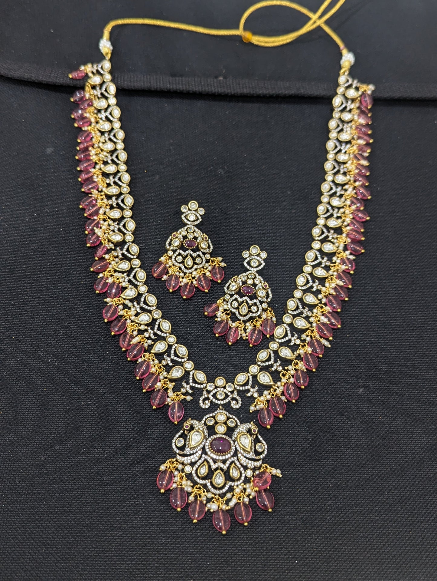 Victorian CZ Long chain Beaded Necklace and Earrings set