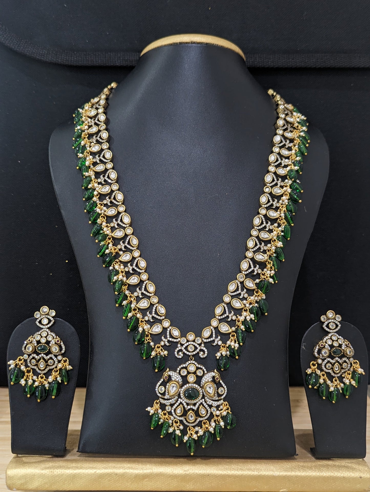 Victorian CZ Long chain Beaded Necklace and Earrings set