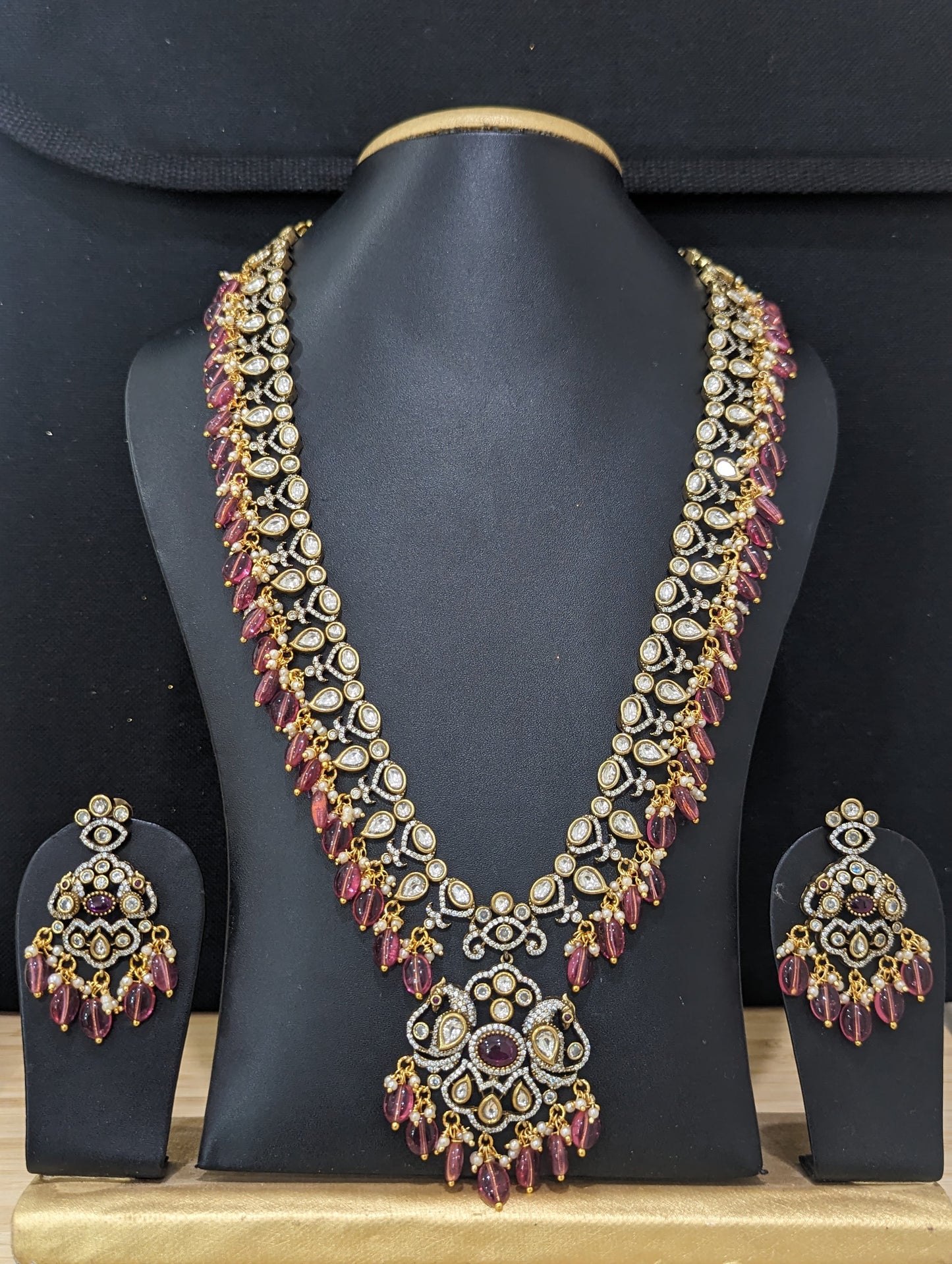 Victorian CZ Long chain Beaded Necklace and Earrings set