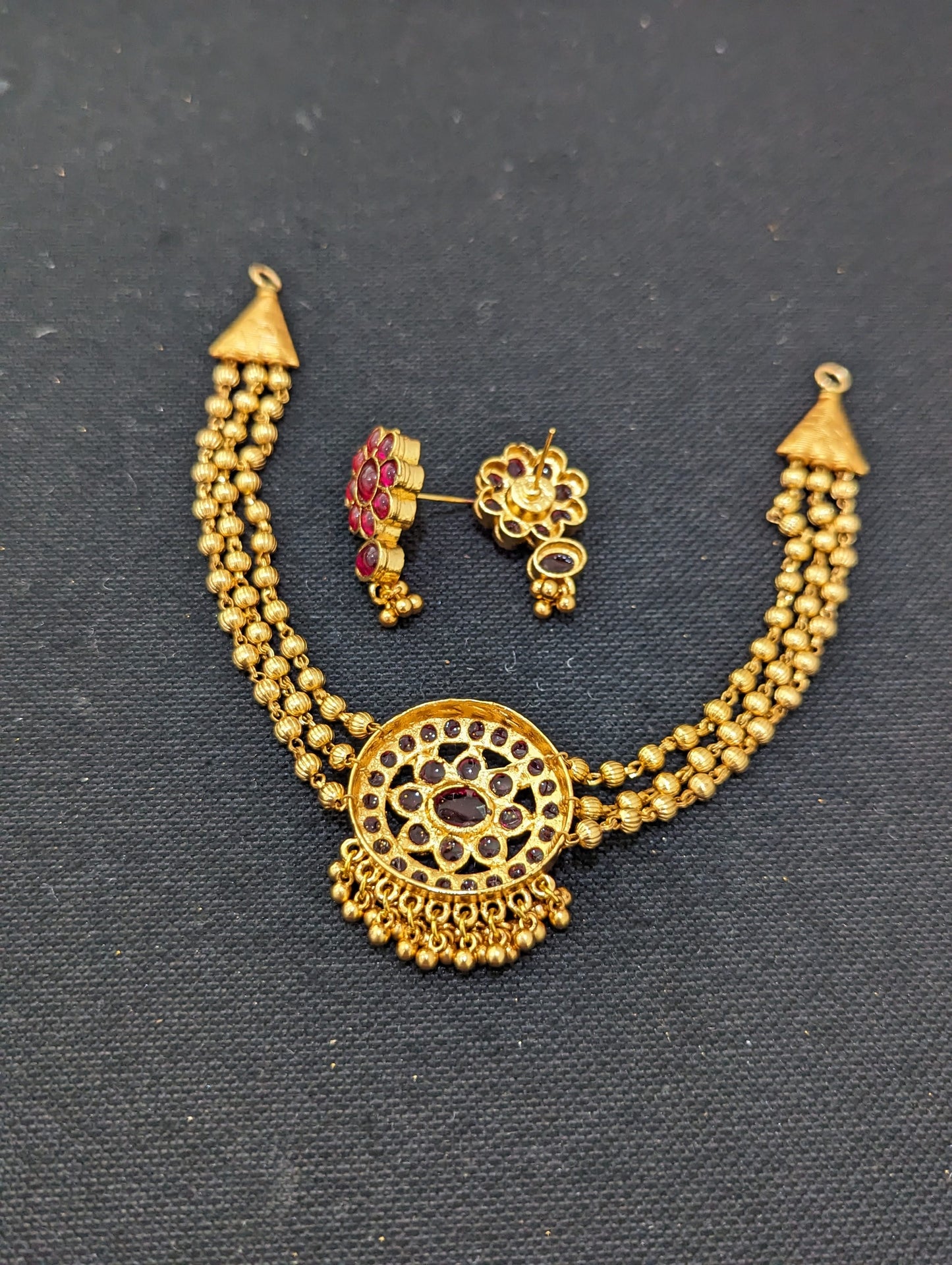 Triple stranded Gold bead Flower Center Choker and Stud Earrings set