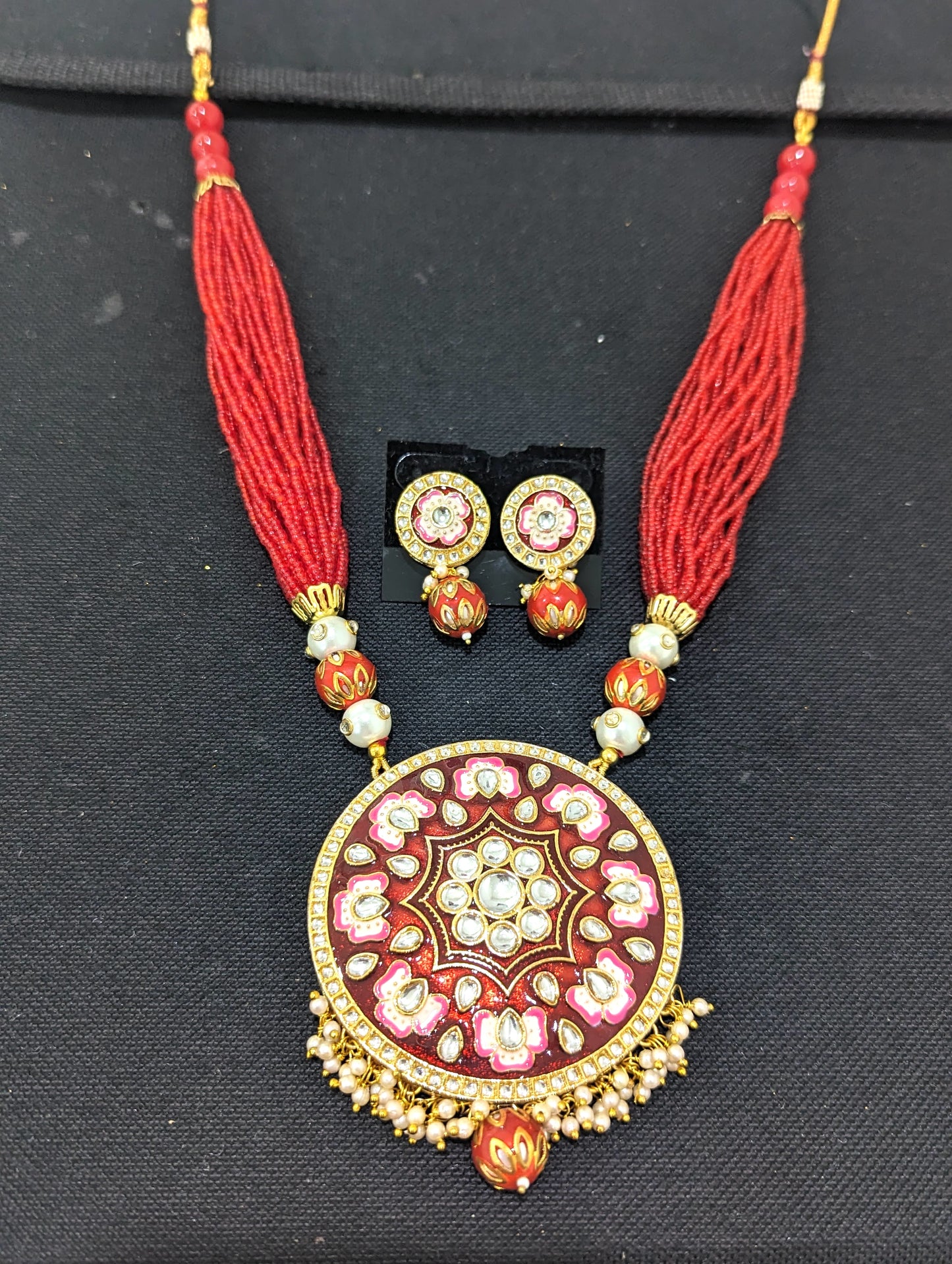 Multi stranded Seed bead chain with Circle pendant Necklace and Stud Earring set with meenakari work - Simpliful