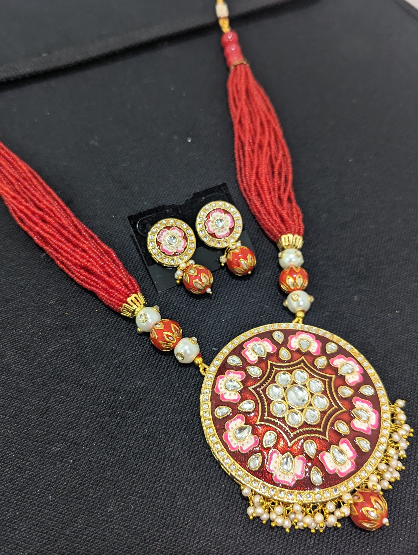 Multi stranded Seed bead chain with Circle pendant Necklace and Stud Earring set with meenakari work - Simpliful