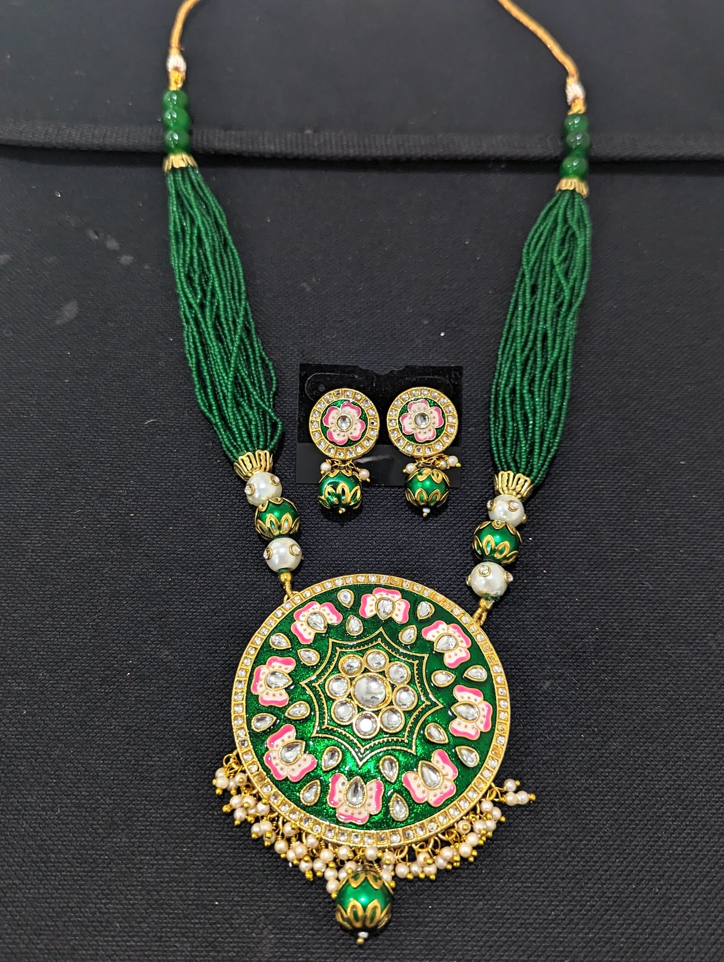 Multi stranded Seed bead chain with Circle pendant Necklace and Stud Earring set with meenakari work - Simpliful