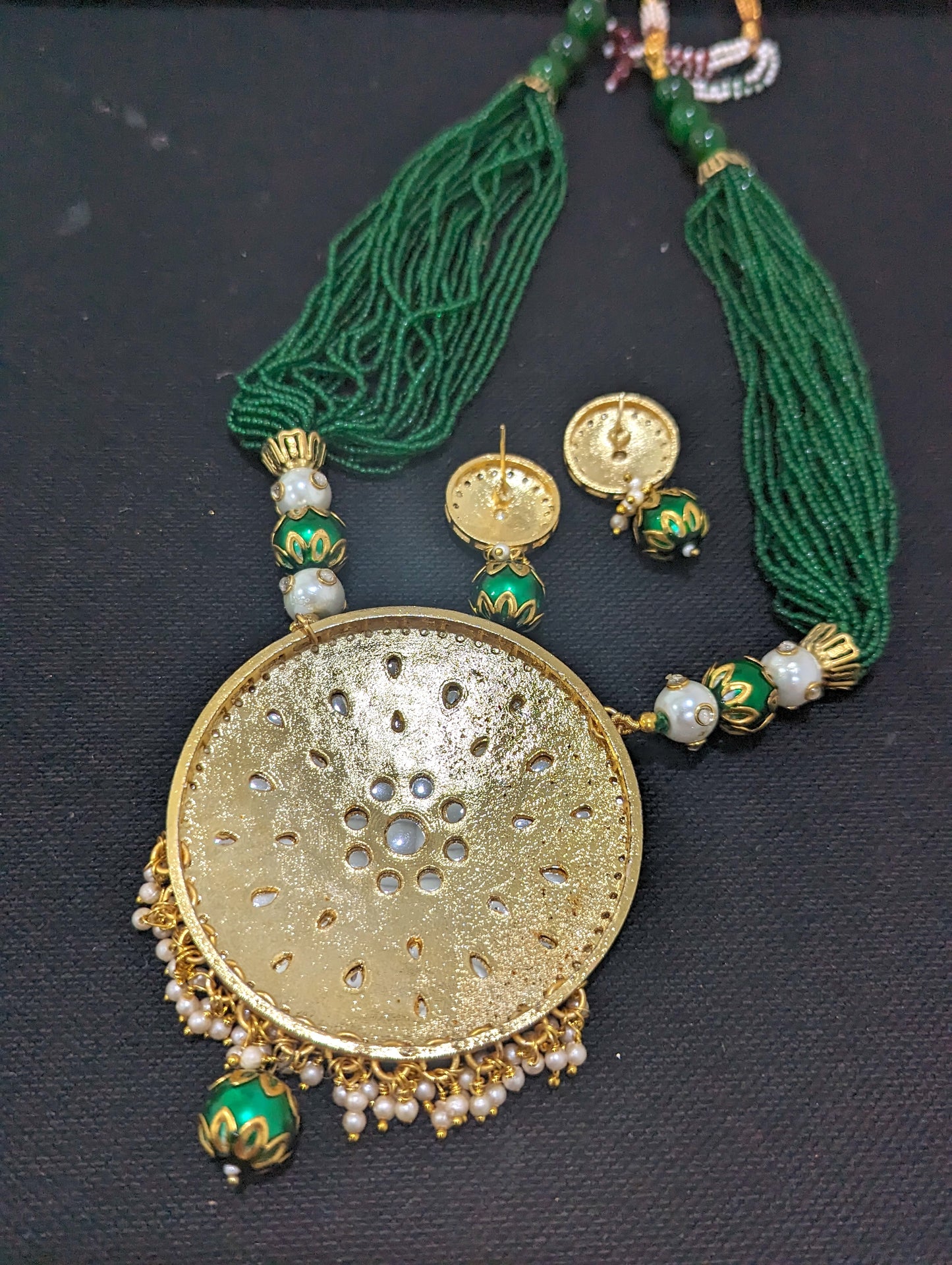 Multi stranded Seed bead chain with Circle pendant Necklace and Stud Earring set with meenakari work - Simpliful