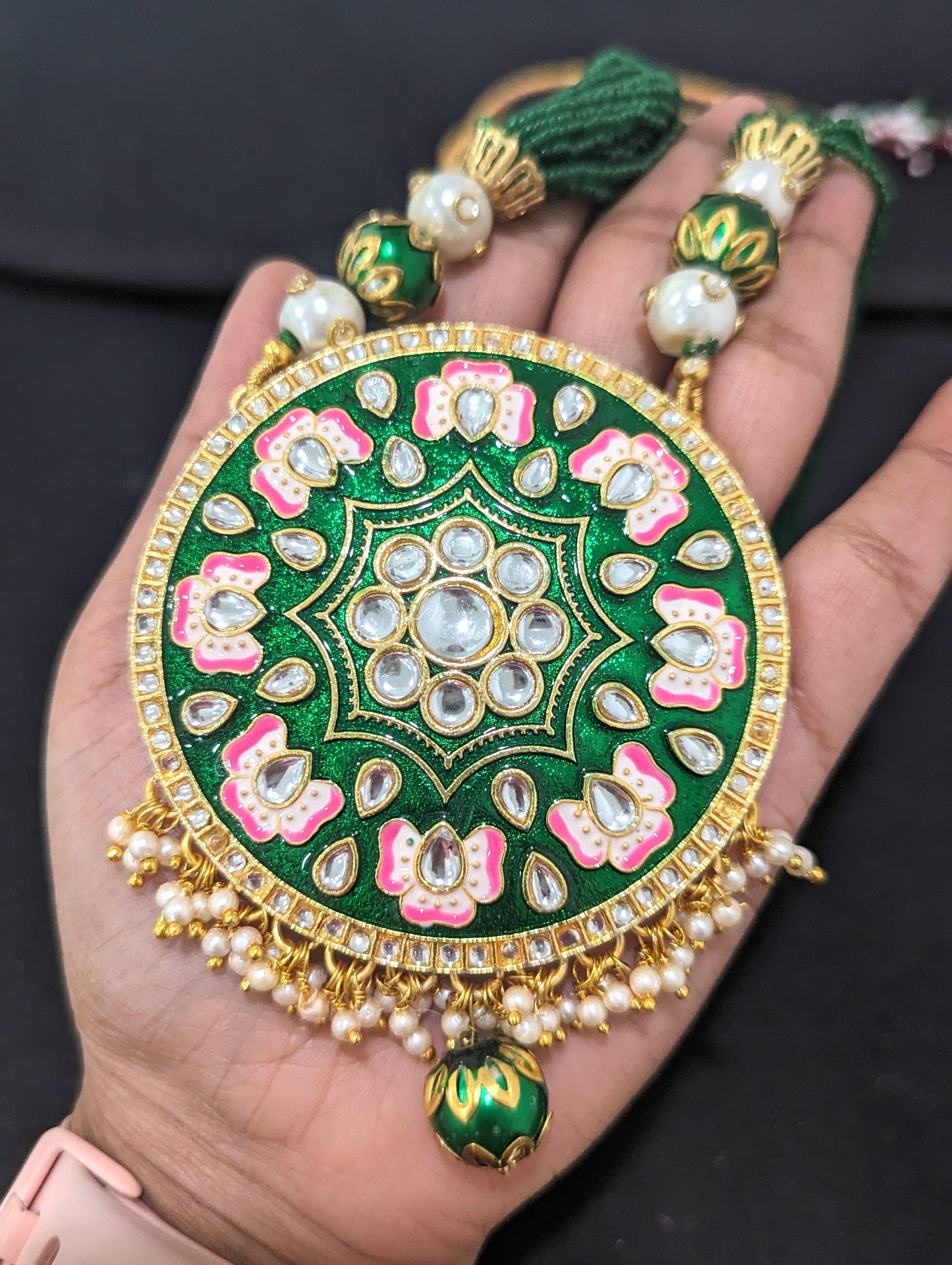 Multi stranded Seed bead chain with Circle pendant Necklace and Stud Earring set with meenakari work - Simpliful