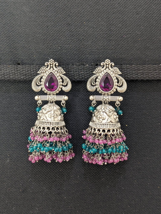 Grayish Silver Large Beaded jhumka earrings
