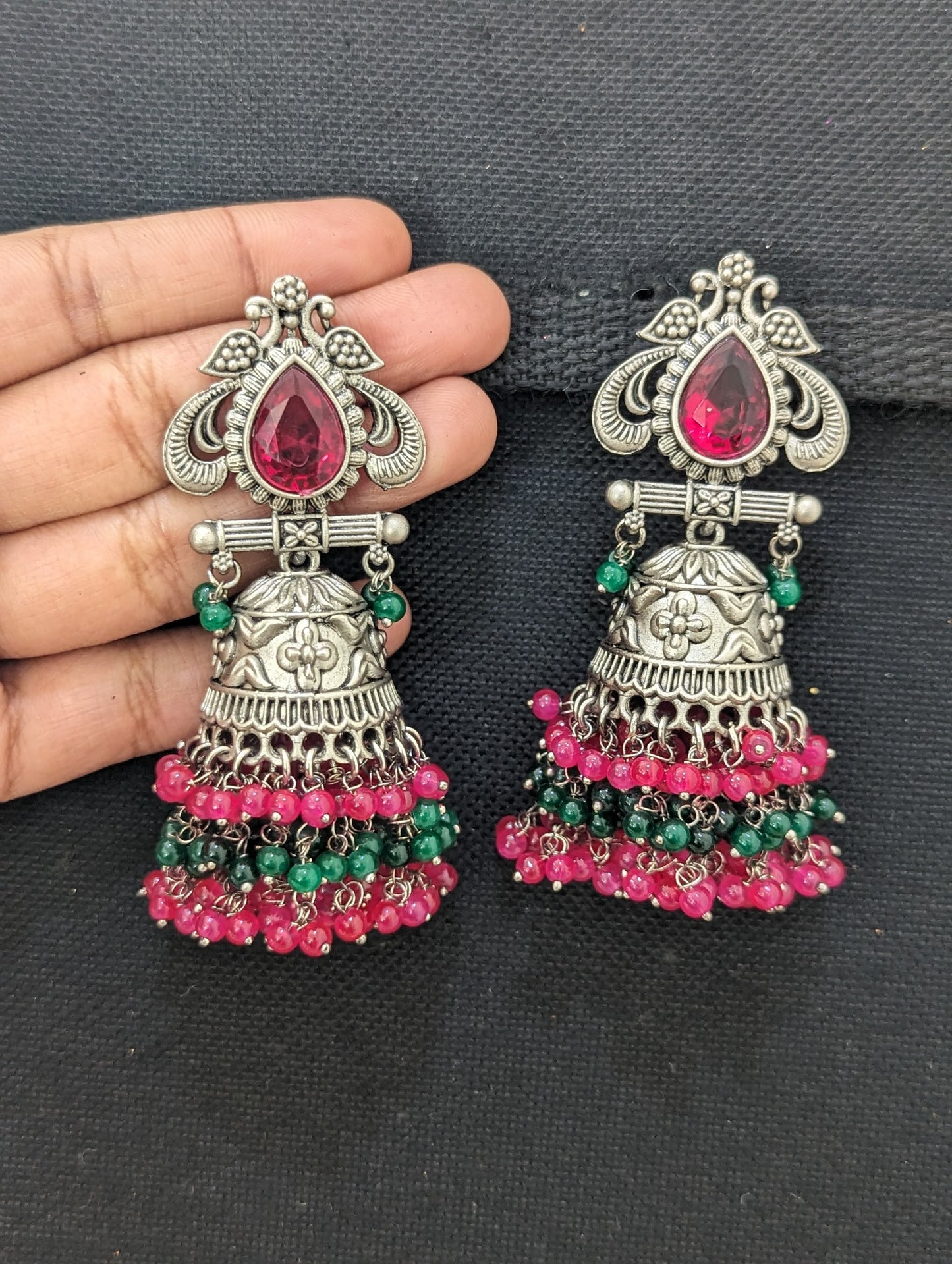 Grayish Silver Large Beaded jhumka earrings