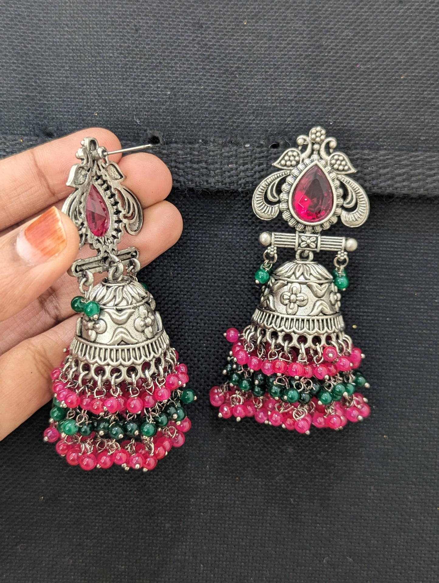 Grayish Silver Large Beaded jhumka earrings