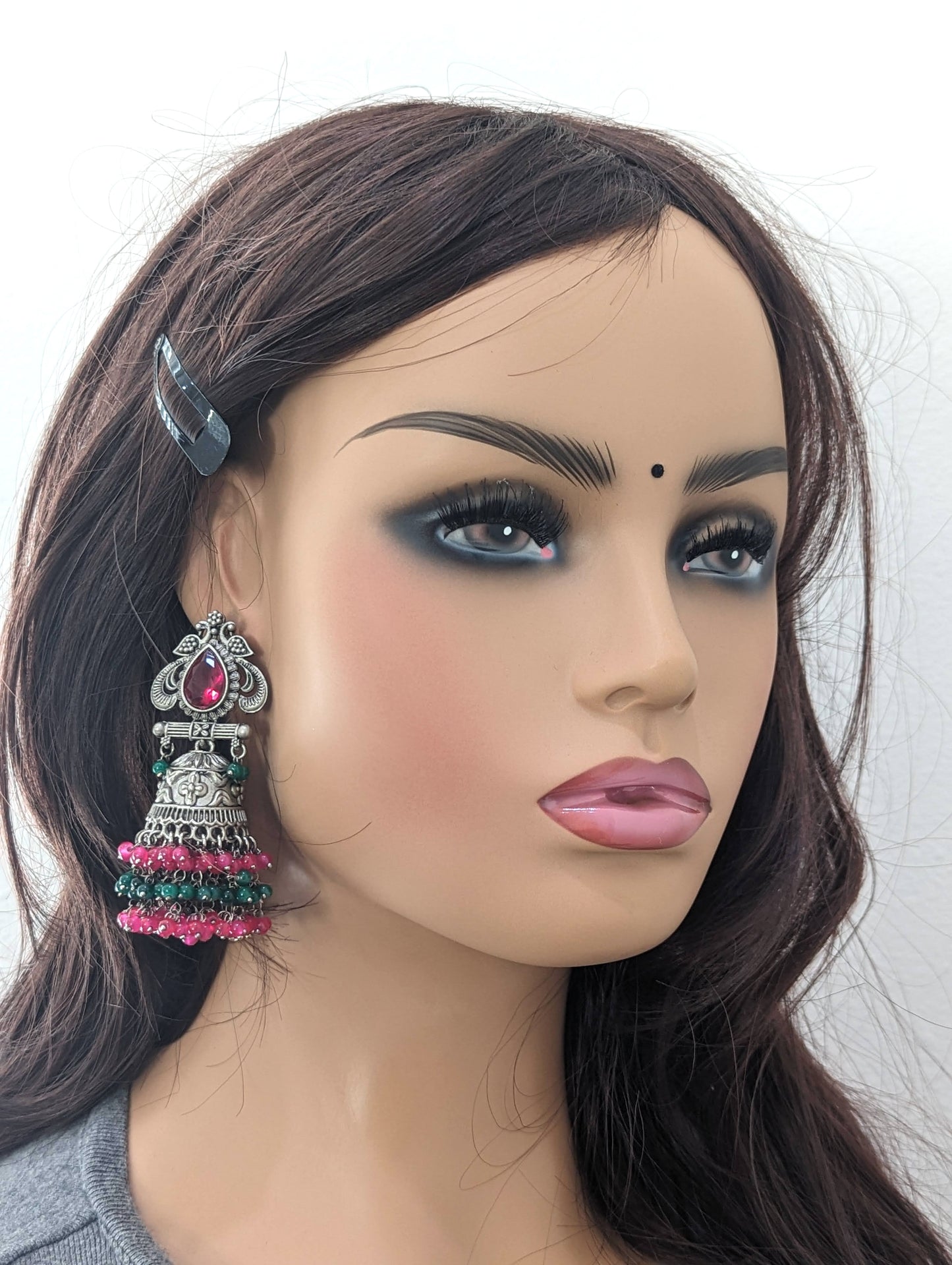 Grayish Silver Large Beaded jhumka earrings