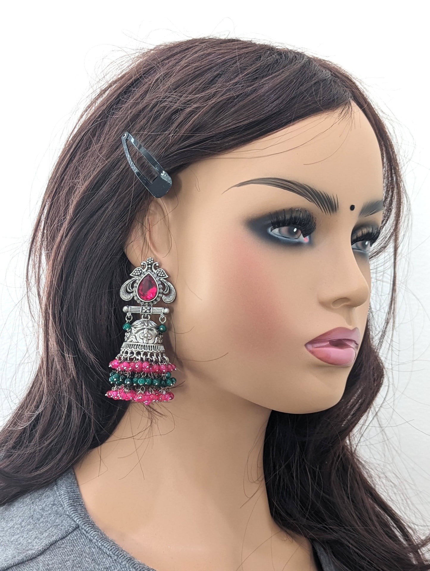 Grayish Silver Large Beaded jhumka earrings - Simpliful