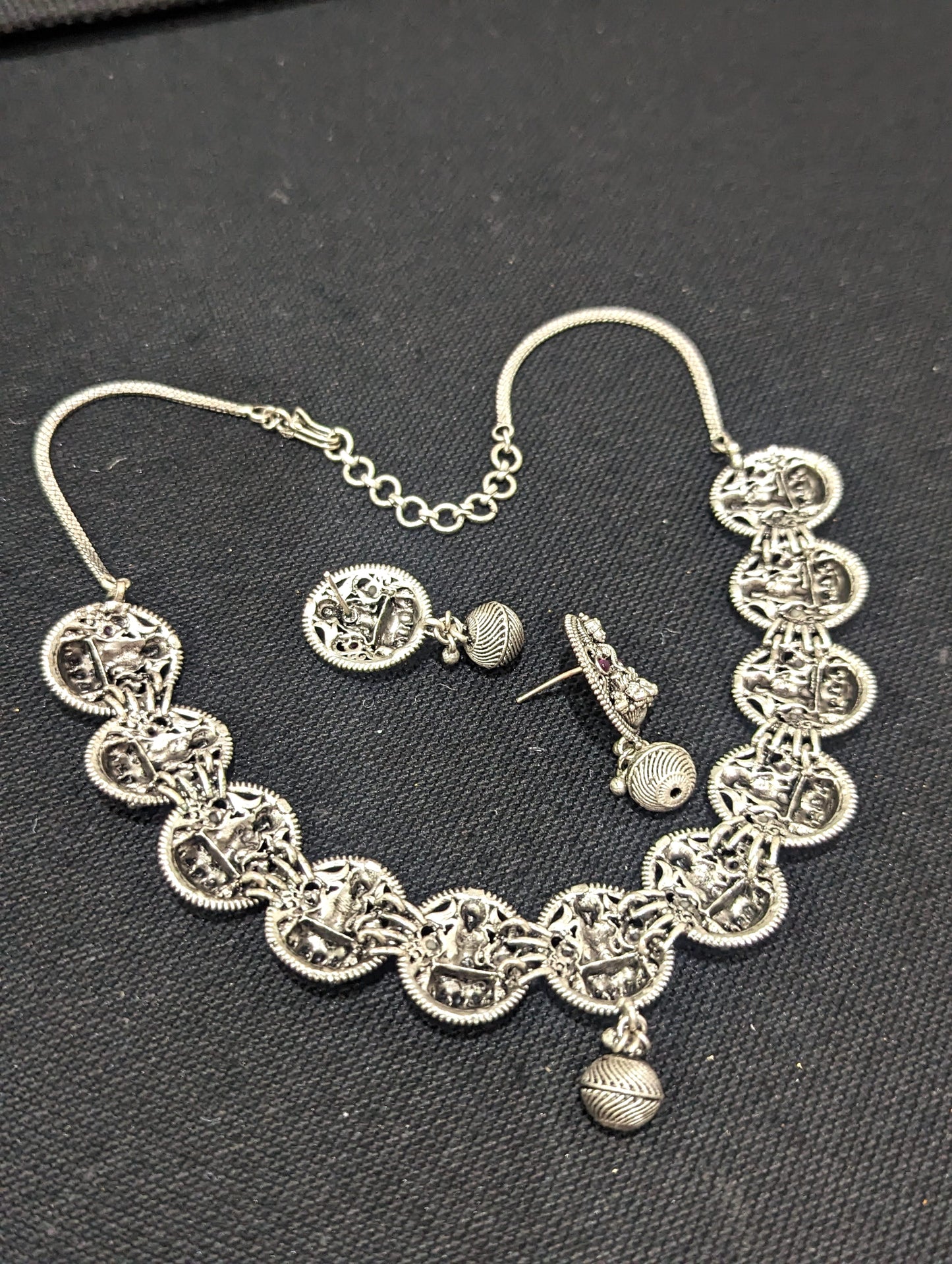 Goddess Lakshmi matte silver Necklace and Earrings set
