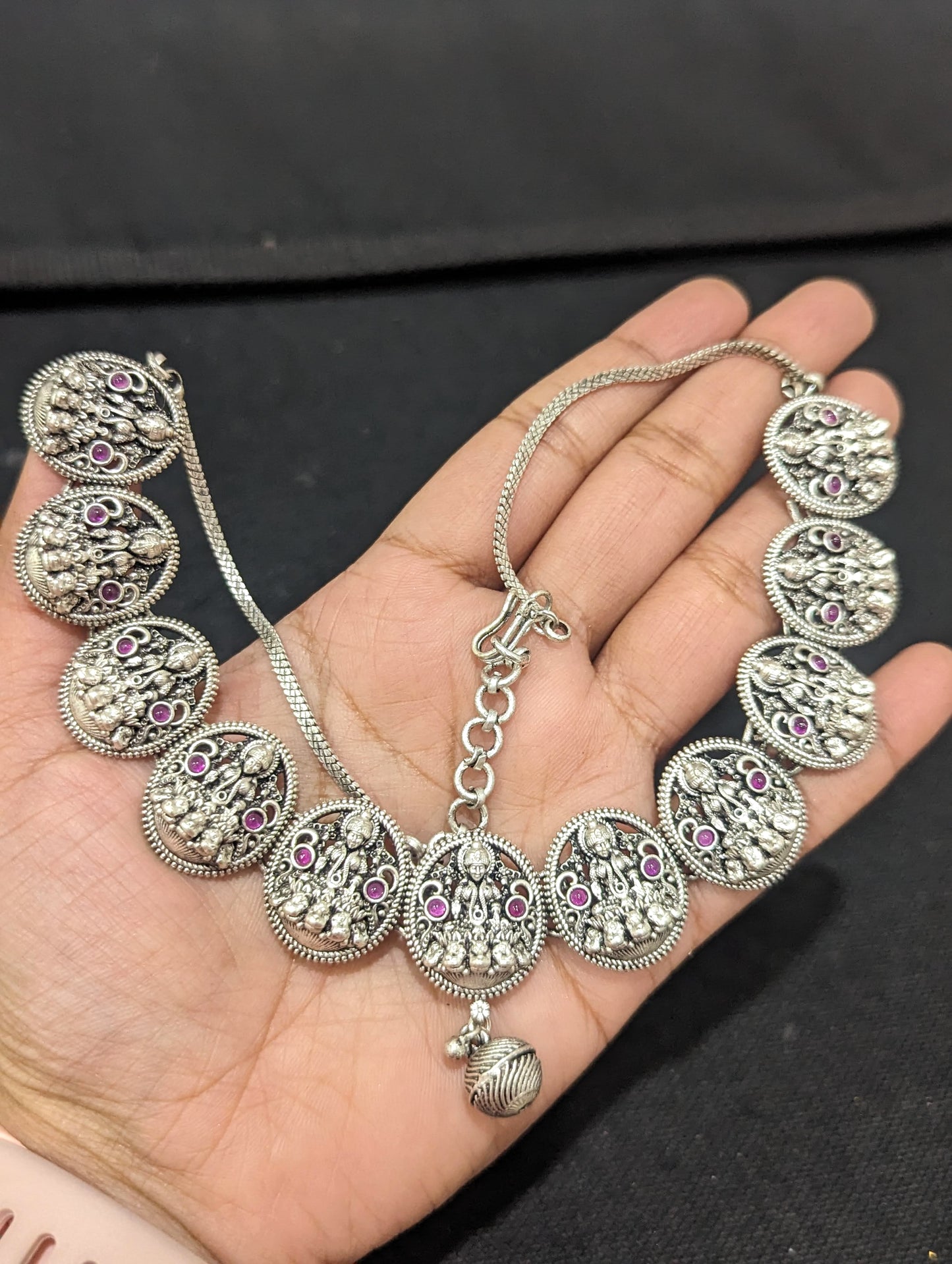 Goddess Lakshmi matte silver Necklace and Earrings set