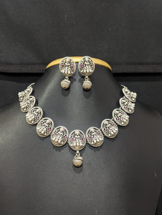 Goddess Lakshmi matte silver Necklace and Earrings set