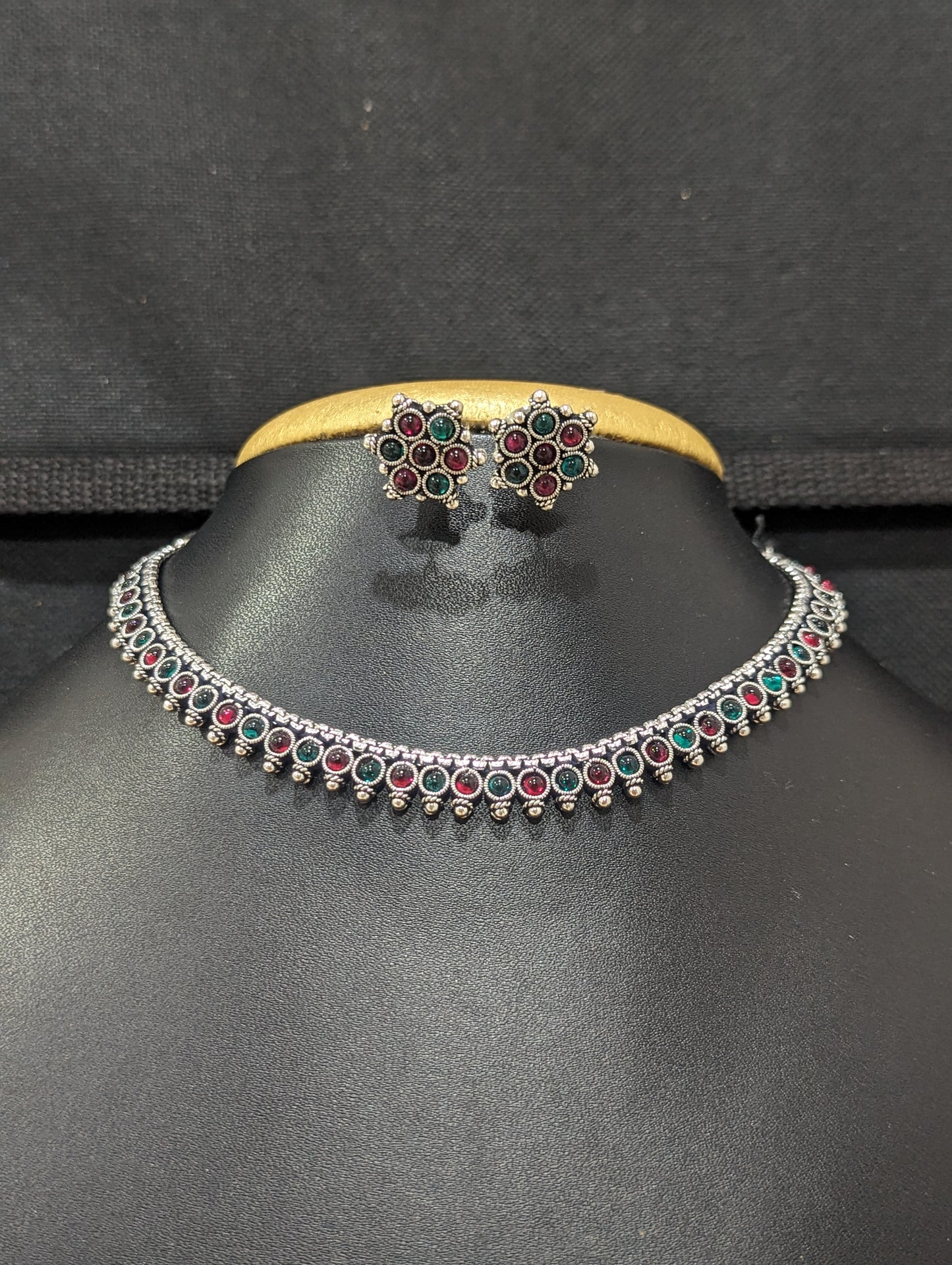 Oxidized silver Dori thread Choker Necklace set - Design 2
