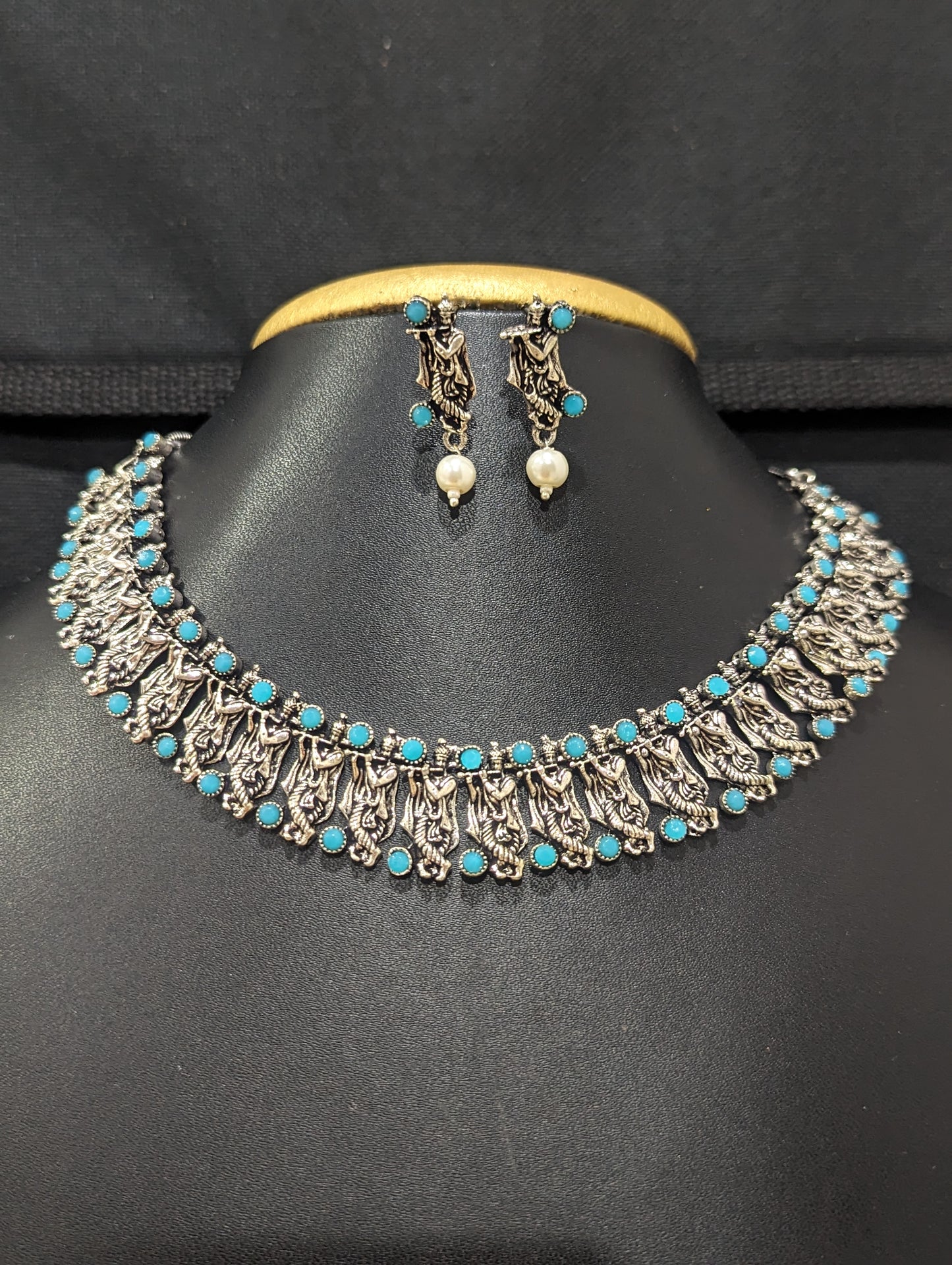 Oxidized Silver Lord Krishna Choker Necklace and Earring set