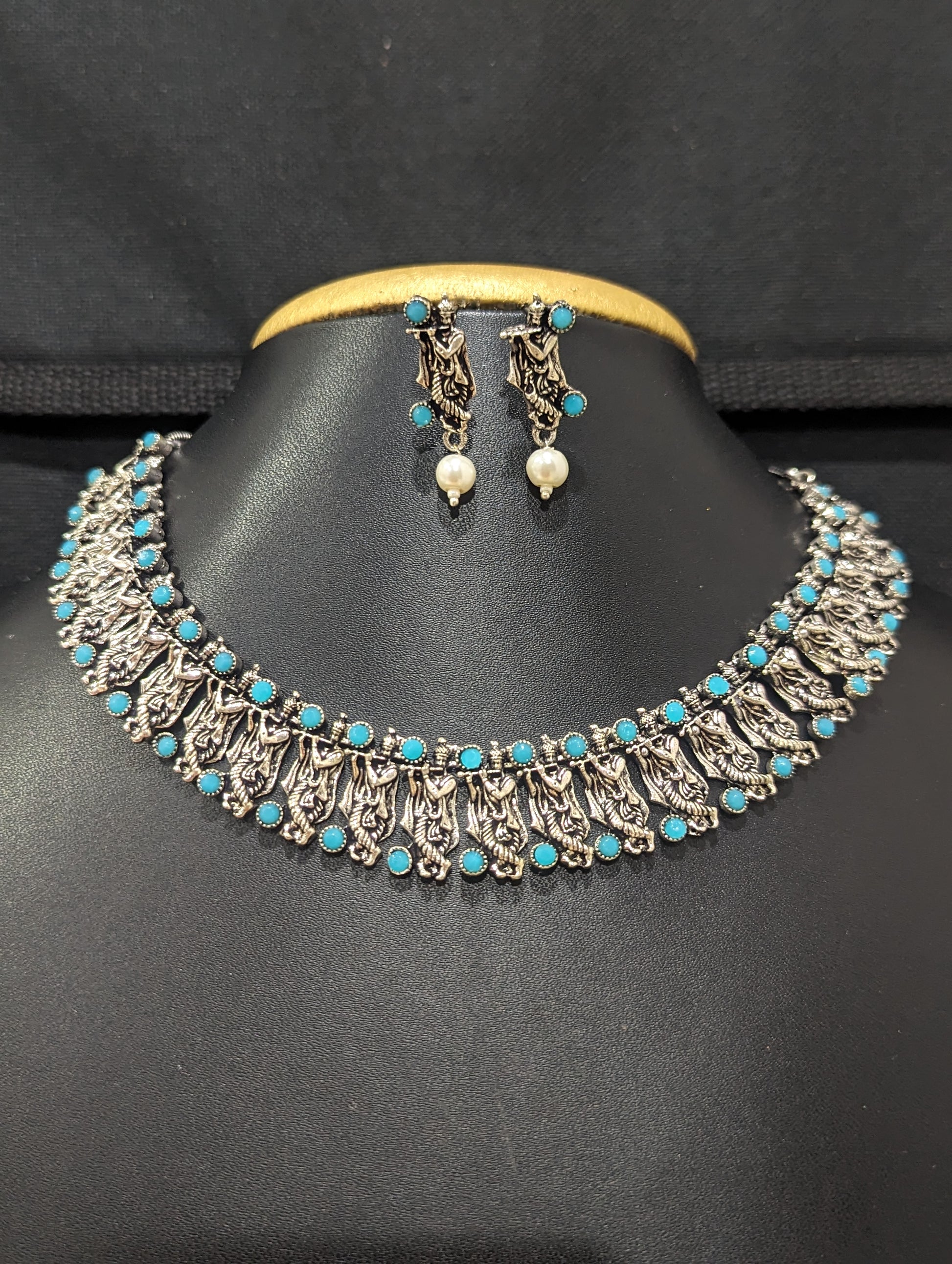 Oxidized Silver Lord Krishna Choker Necklace and Earring set - Simpliful