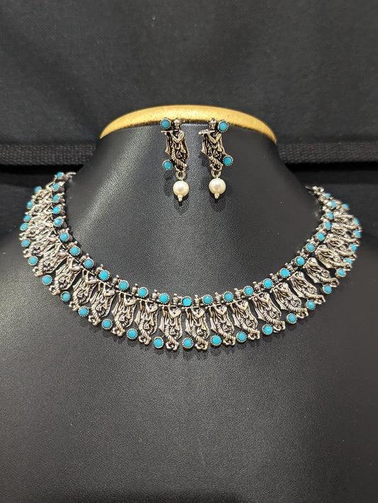 Oxidized Silver Lord Krishna Choker Necklace and Earring set - Simpliful