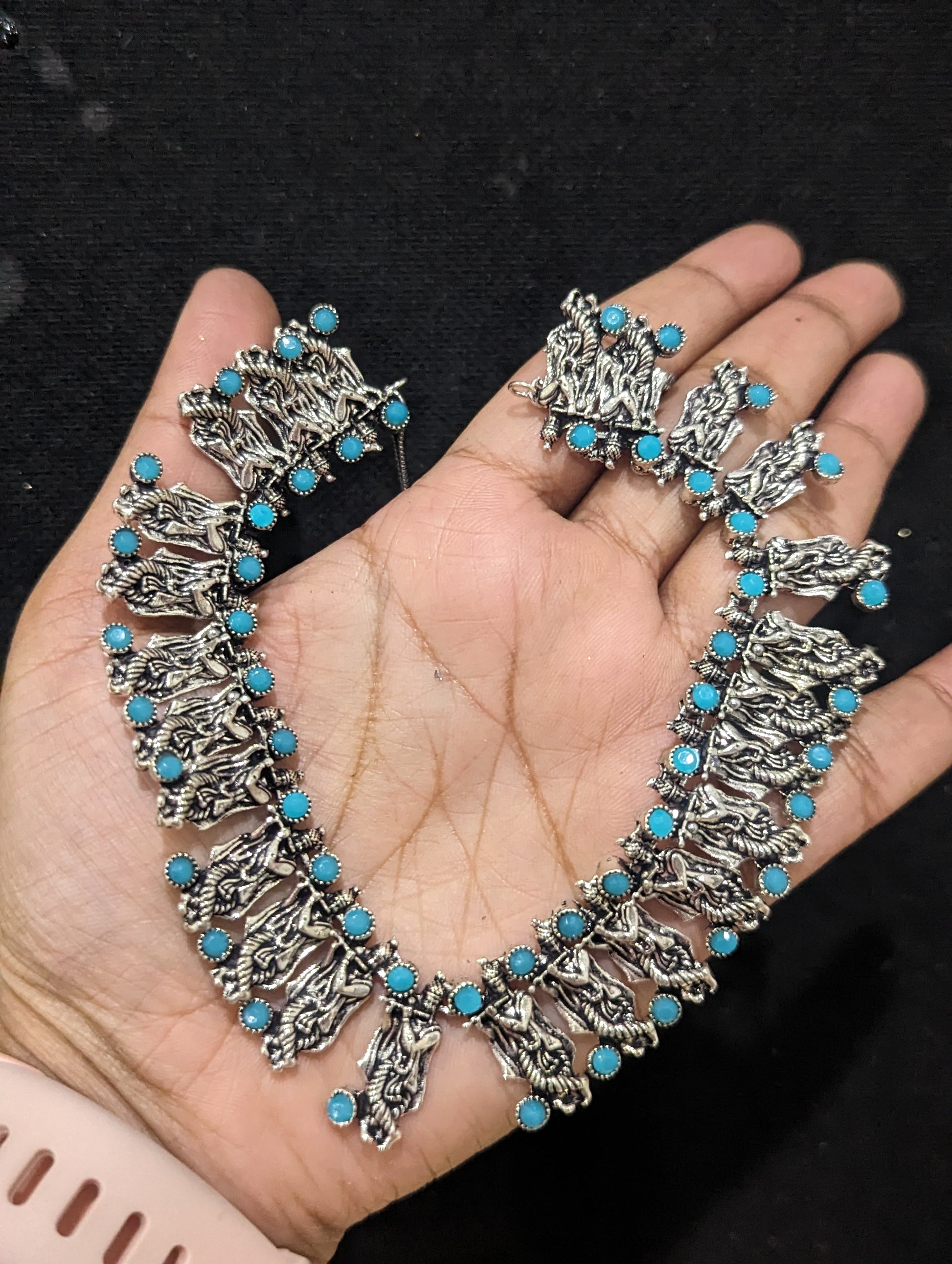 Oxidized Silver Lord Krishna Choker Necklace and Earring set - Simpliful
