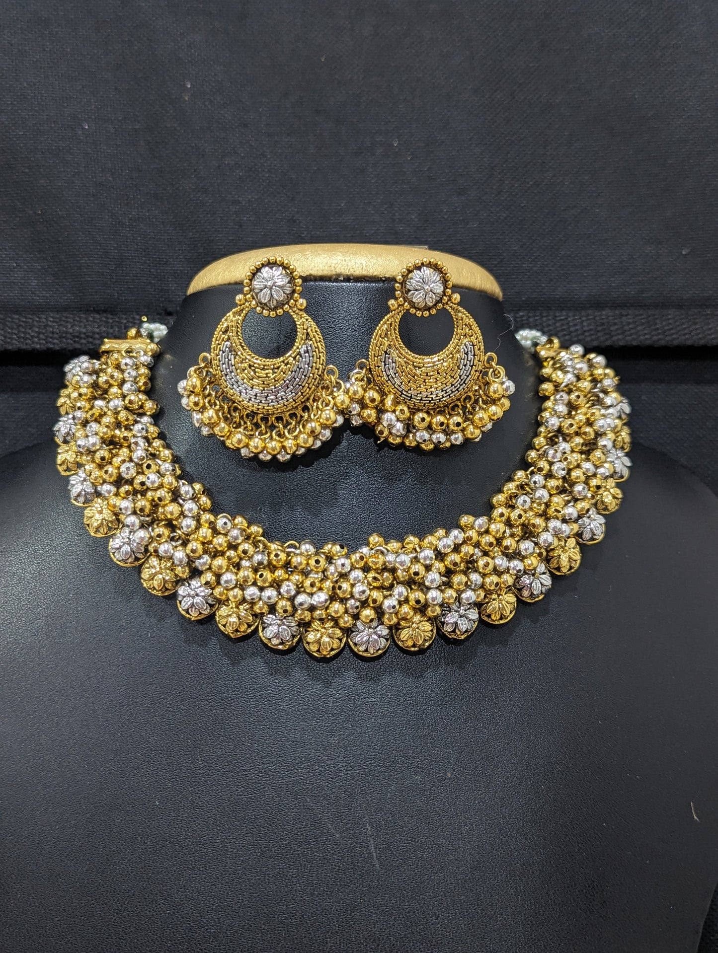 Dual tone bead dangle choker necklace and earrings set