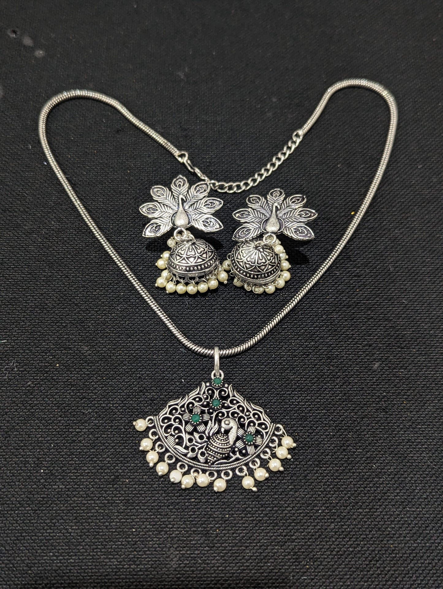 Oxidized Silver Peacock pendant and Earrings set