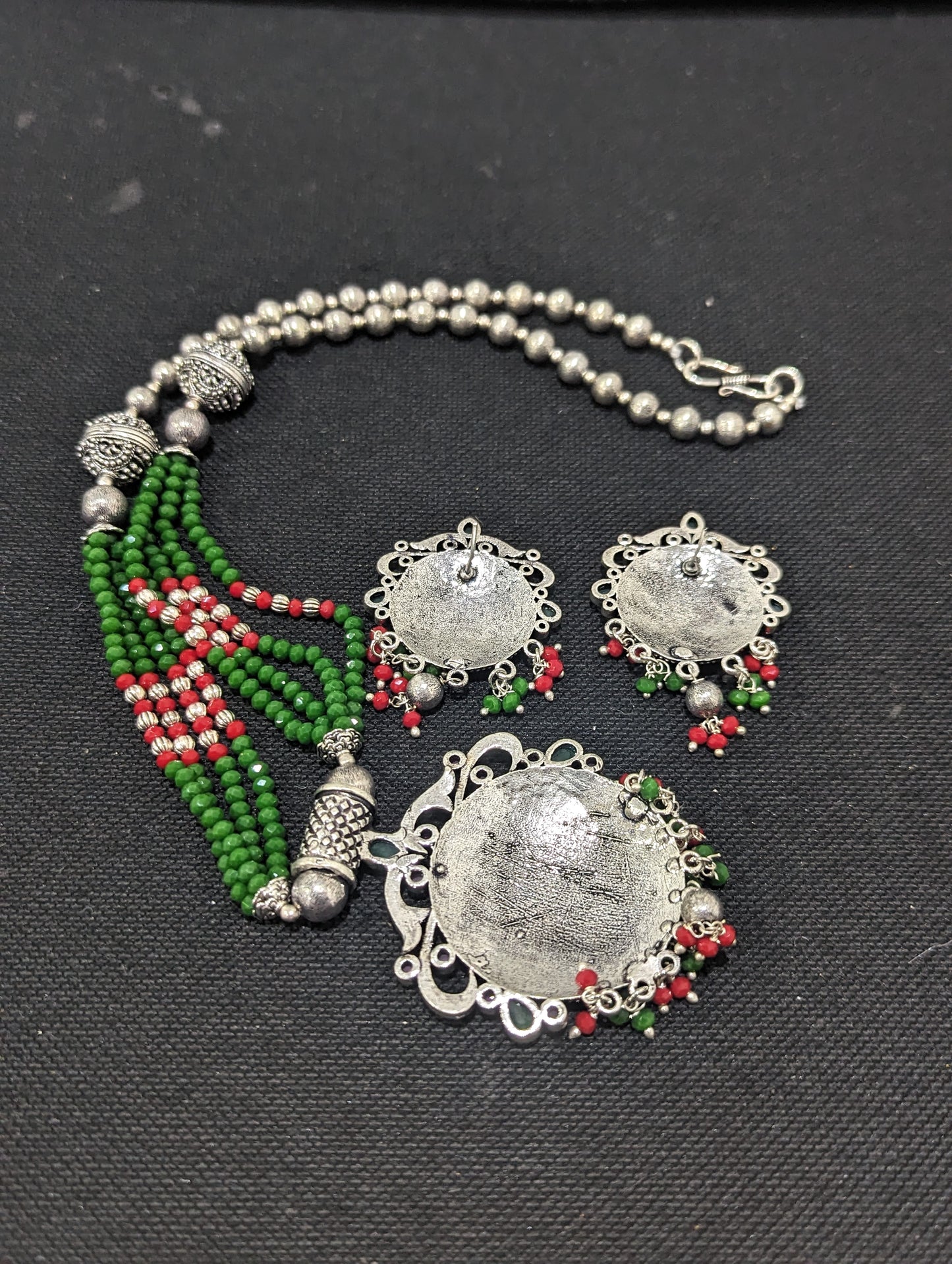 Crystal Bead Necklace Oxidized Silver Pendant and Earrings set